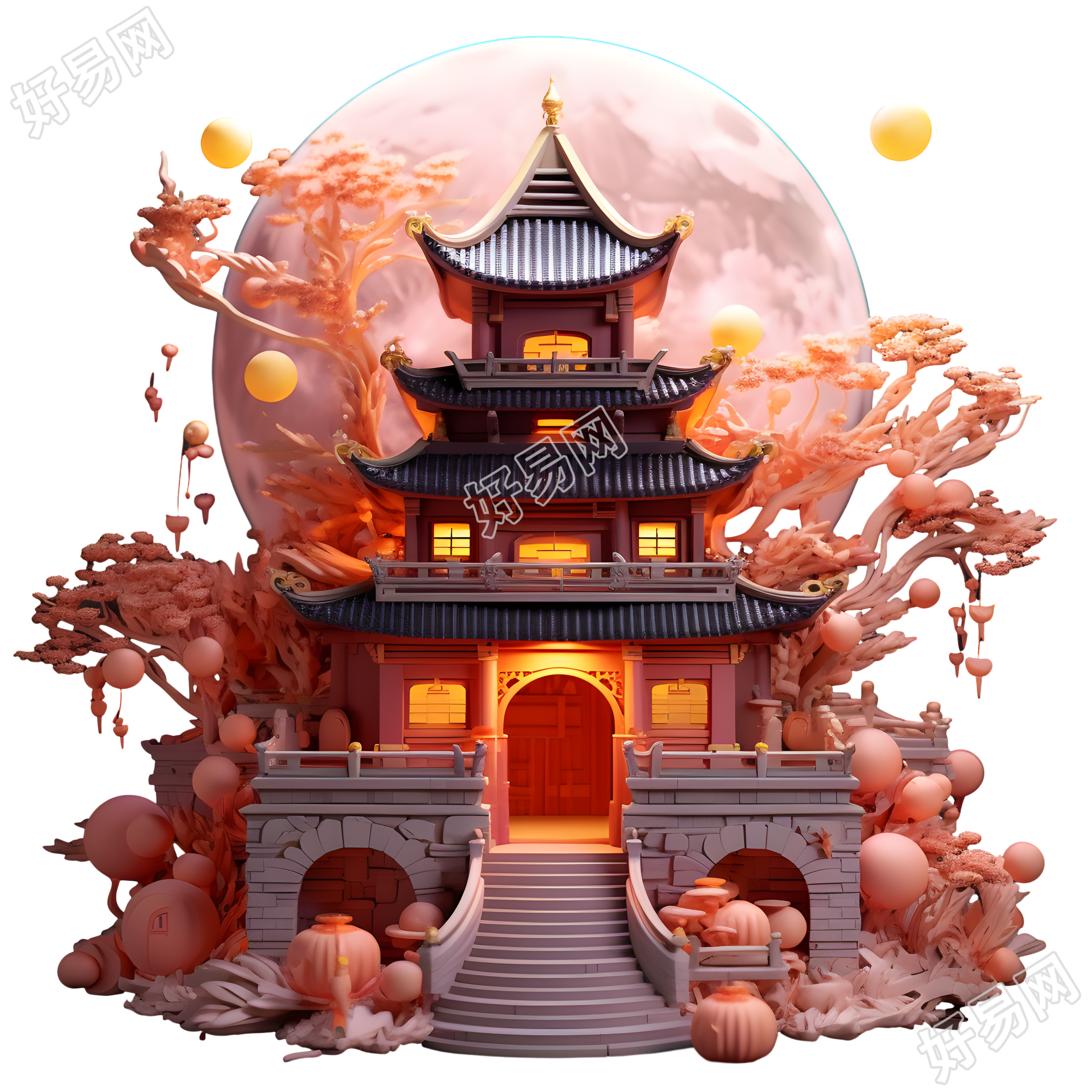 粉色满月古典建筑商用素材