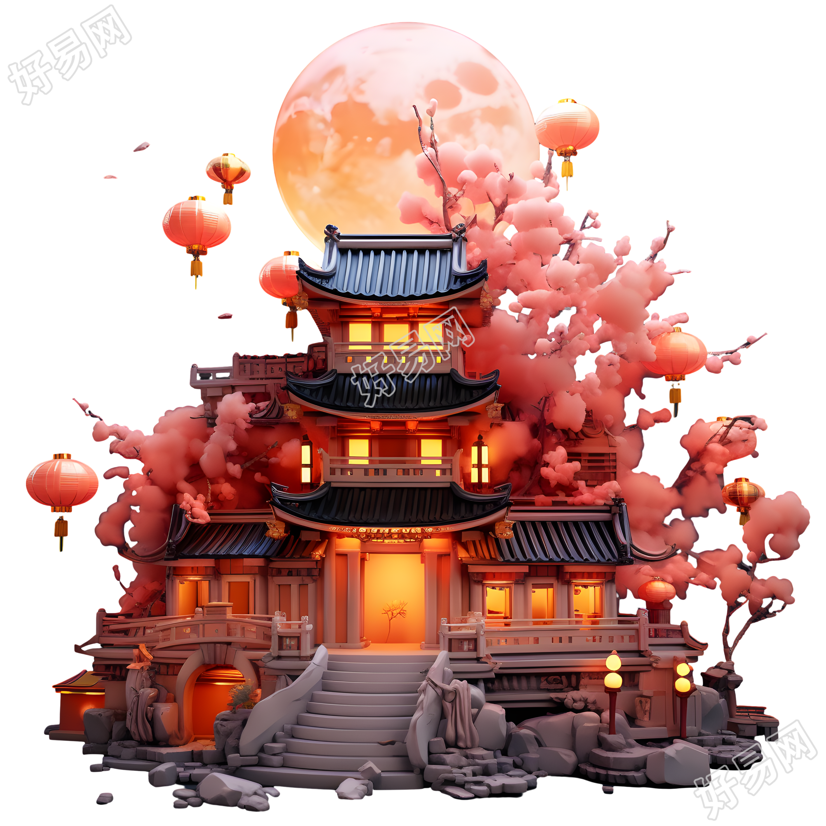 中式建筑满月下的广寒宫3D插图