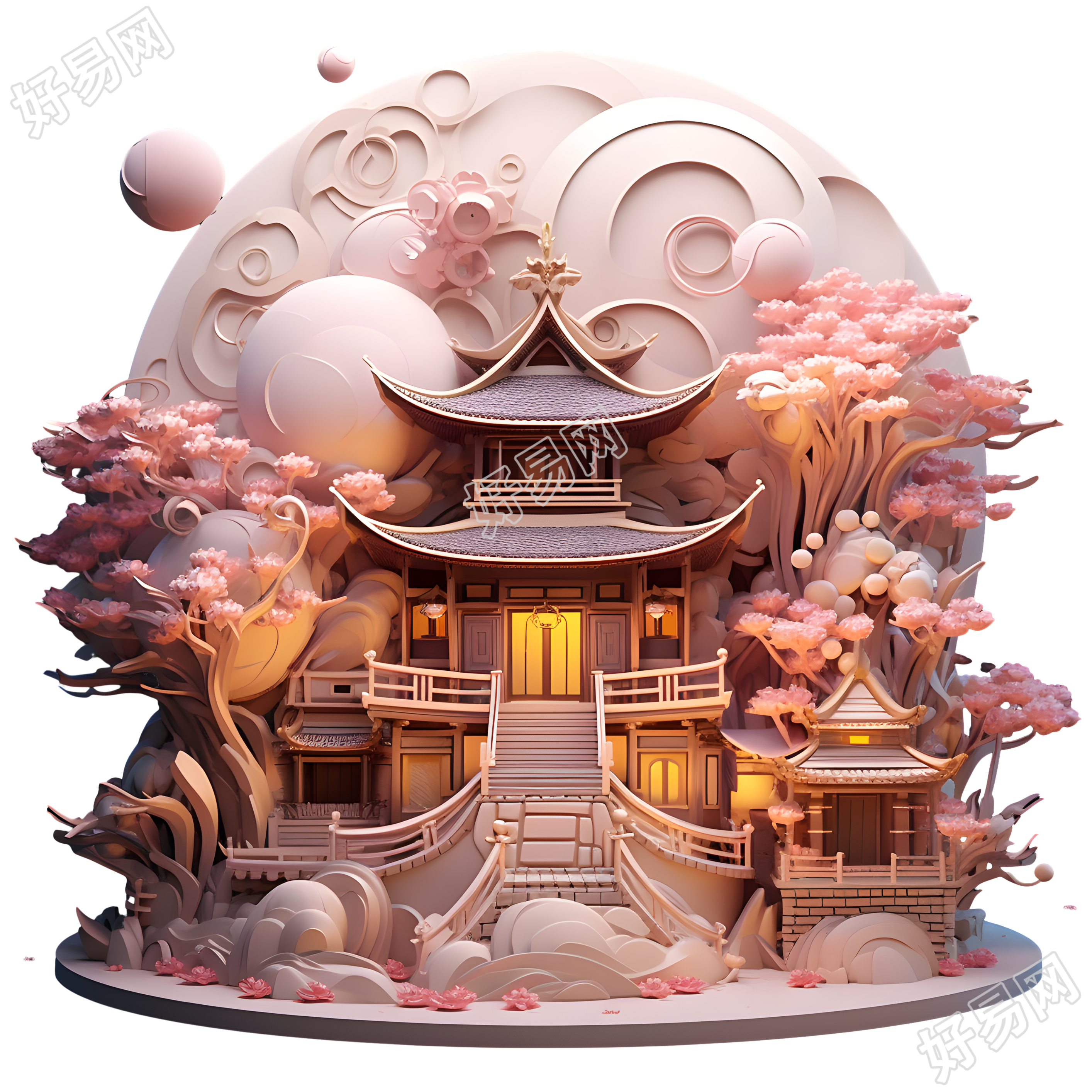 可爱风格的宝塔灯笼3D插画