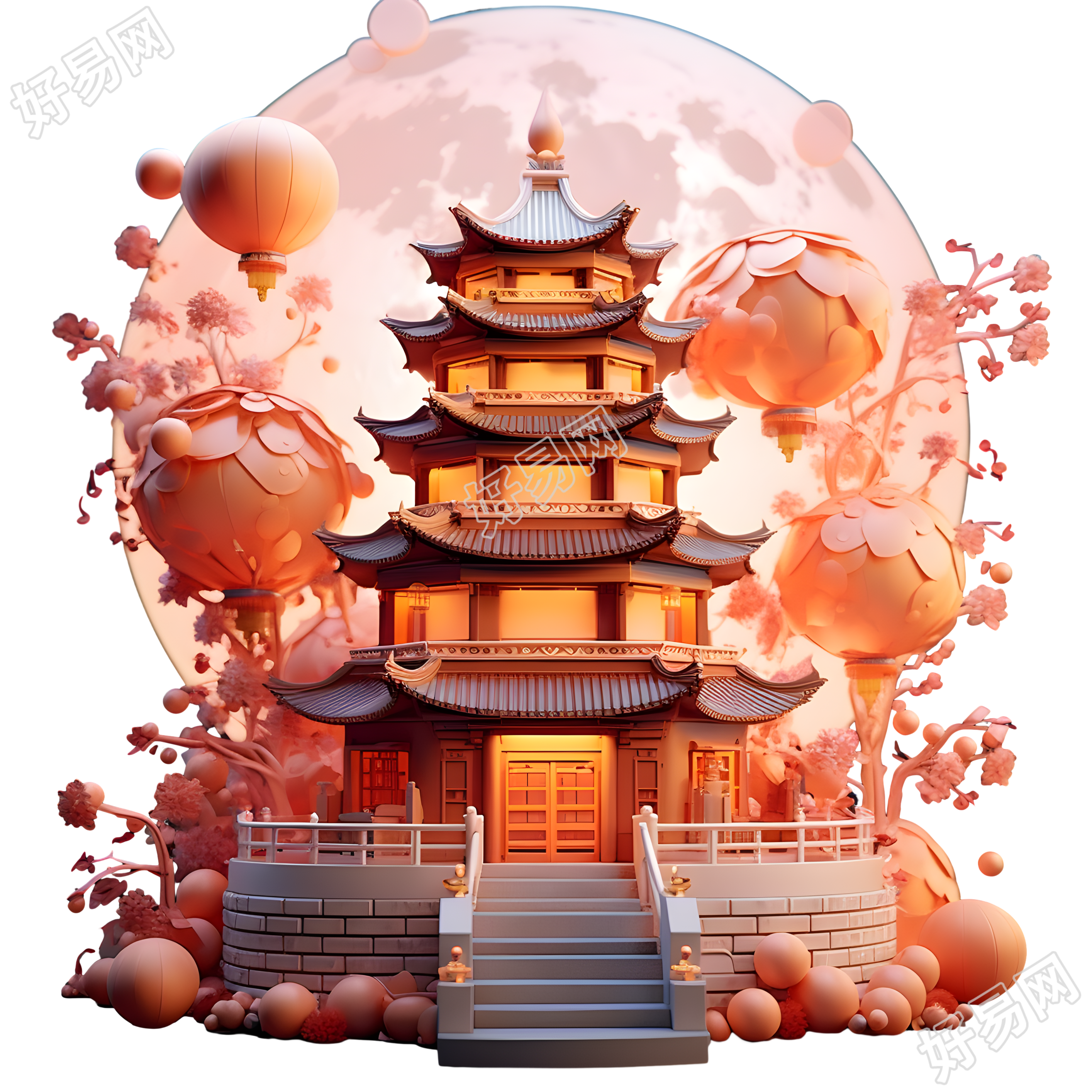 高清透明背景宝塔灯笼3D素材