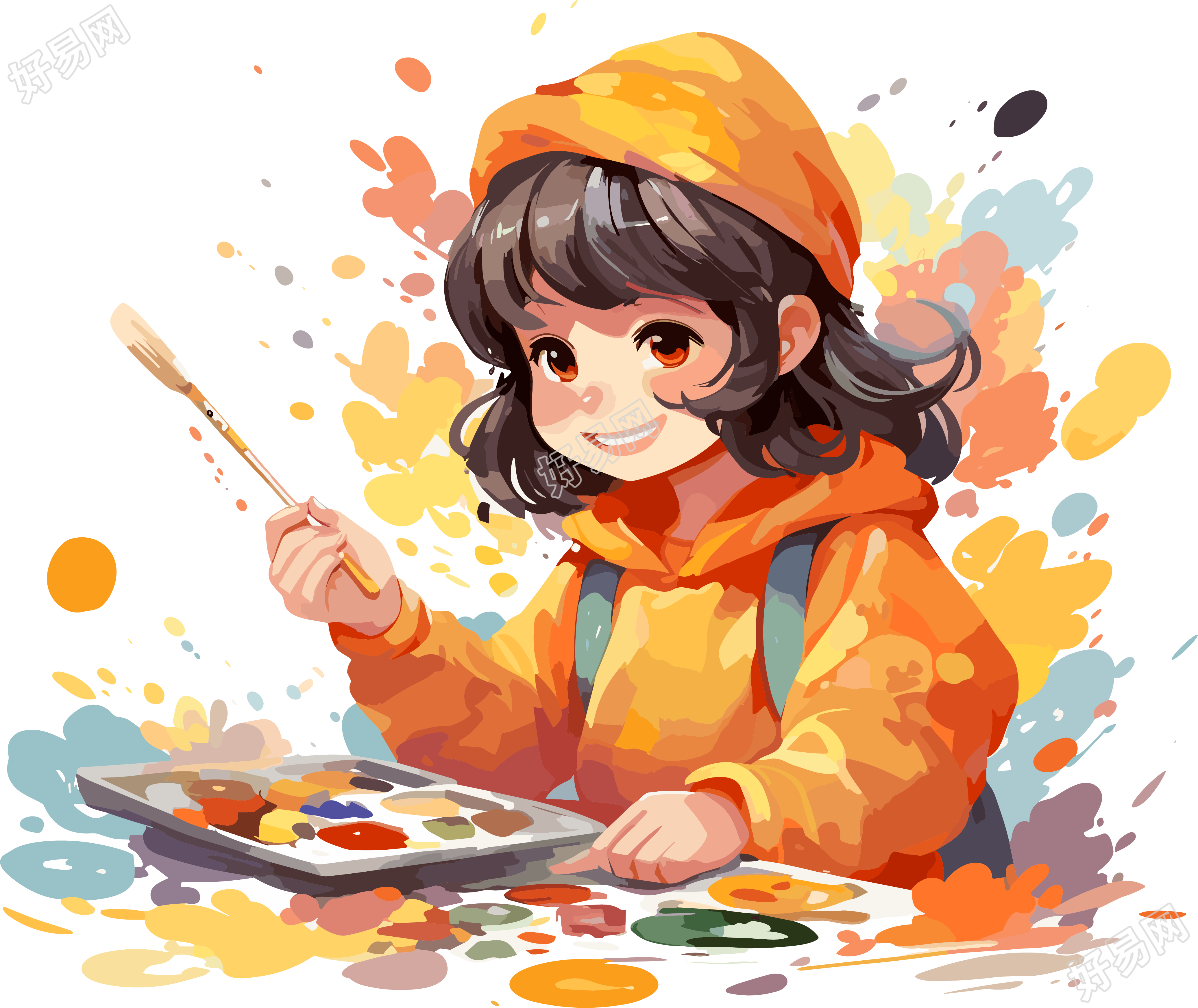 细腻笔触效果画画的孩子插画元素