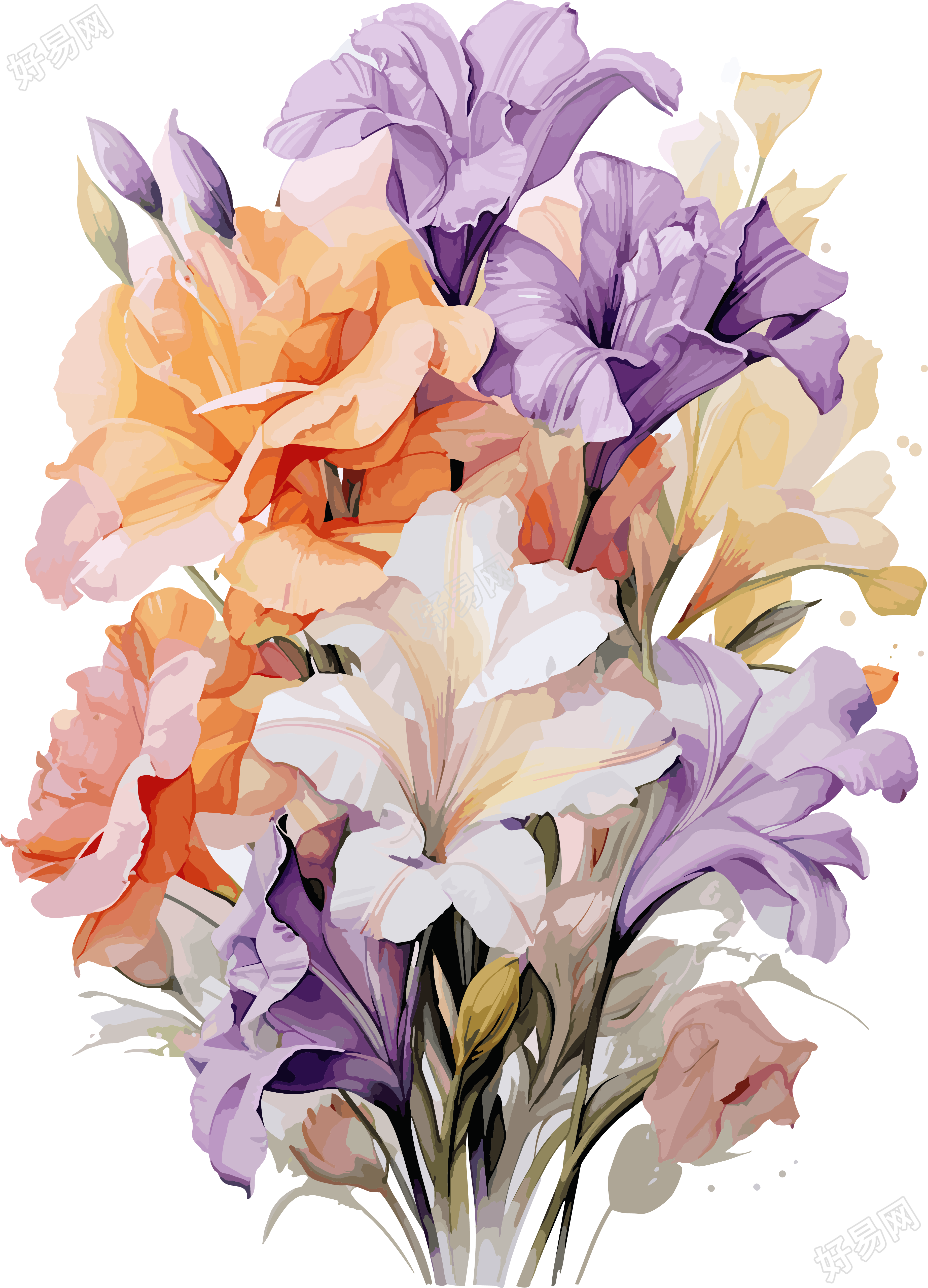 高清质量幻彩水彩花束插画设计元素