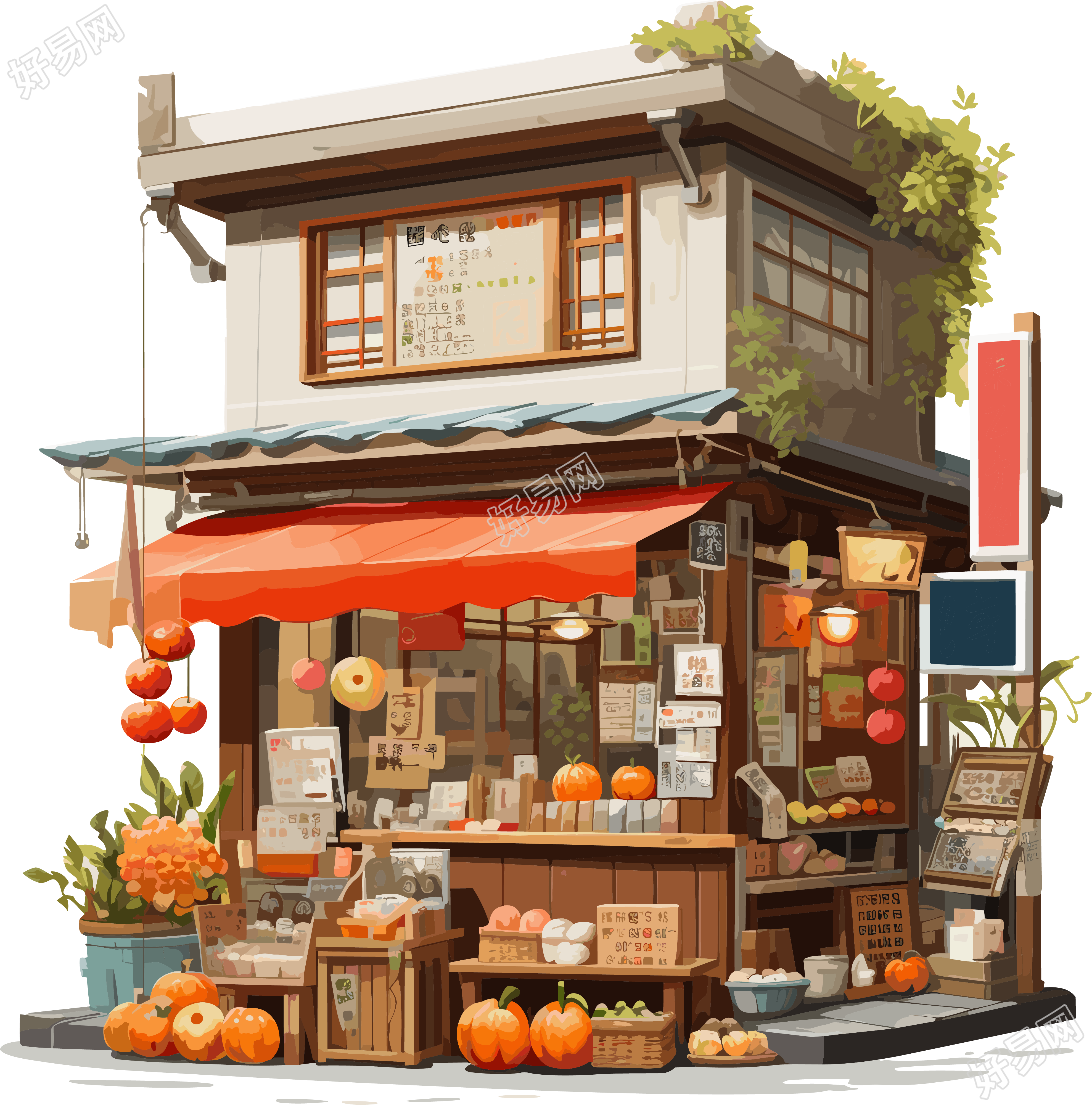 古典建筑风格的秋季水果店插画