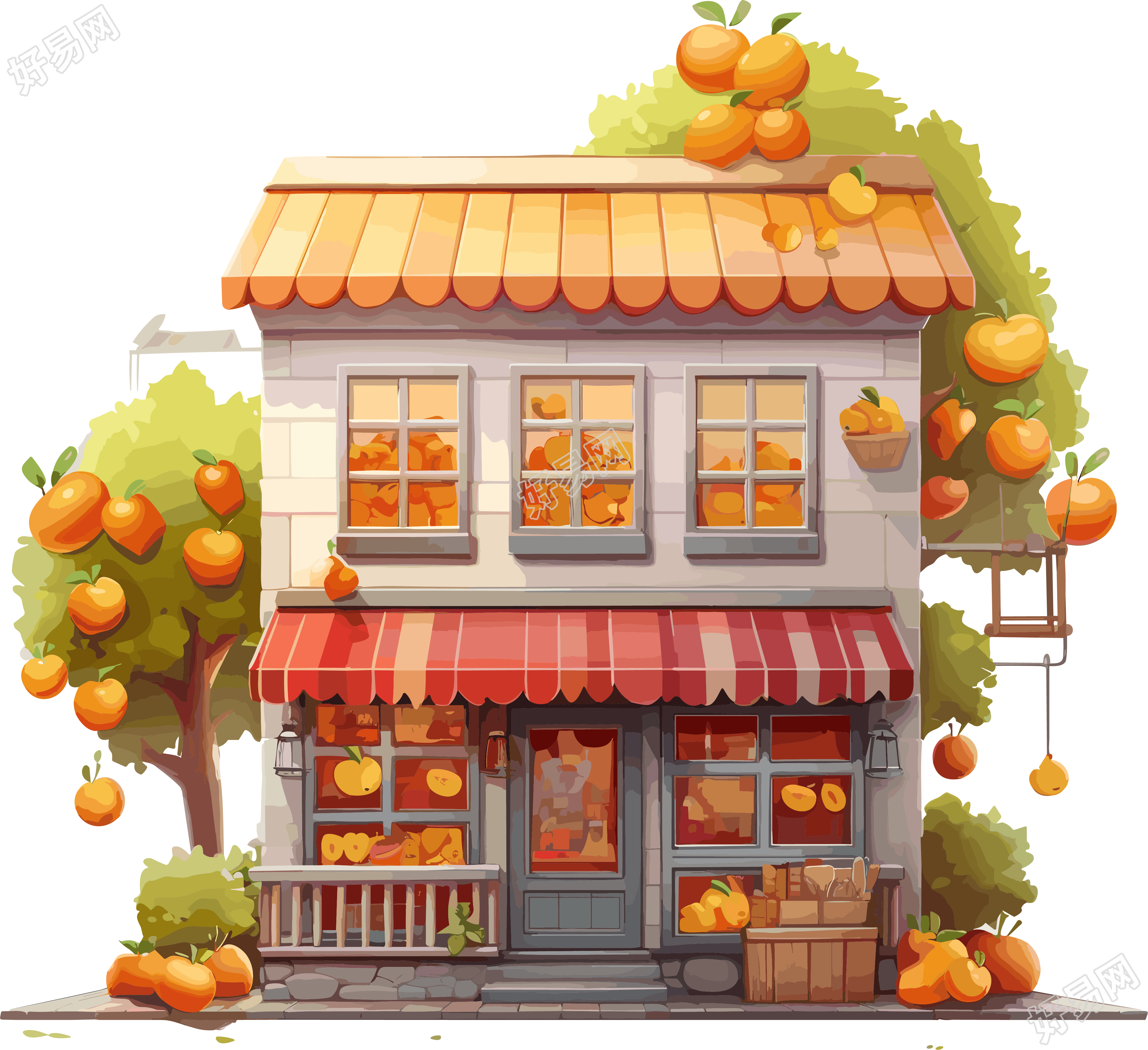古典建筑风格的秋季水果店高清图形素材