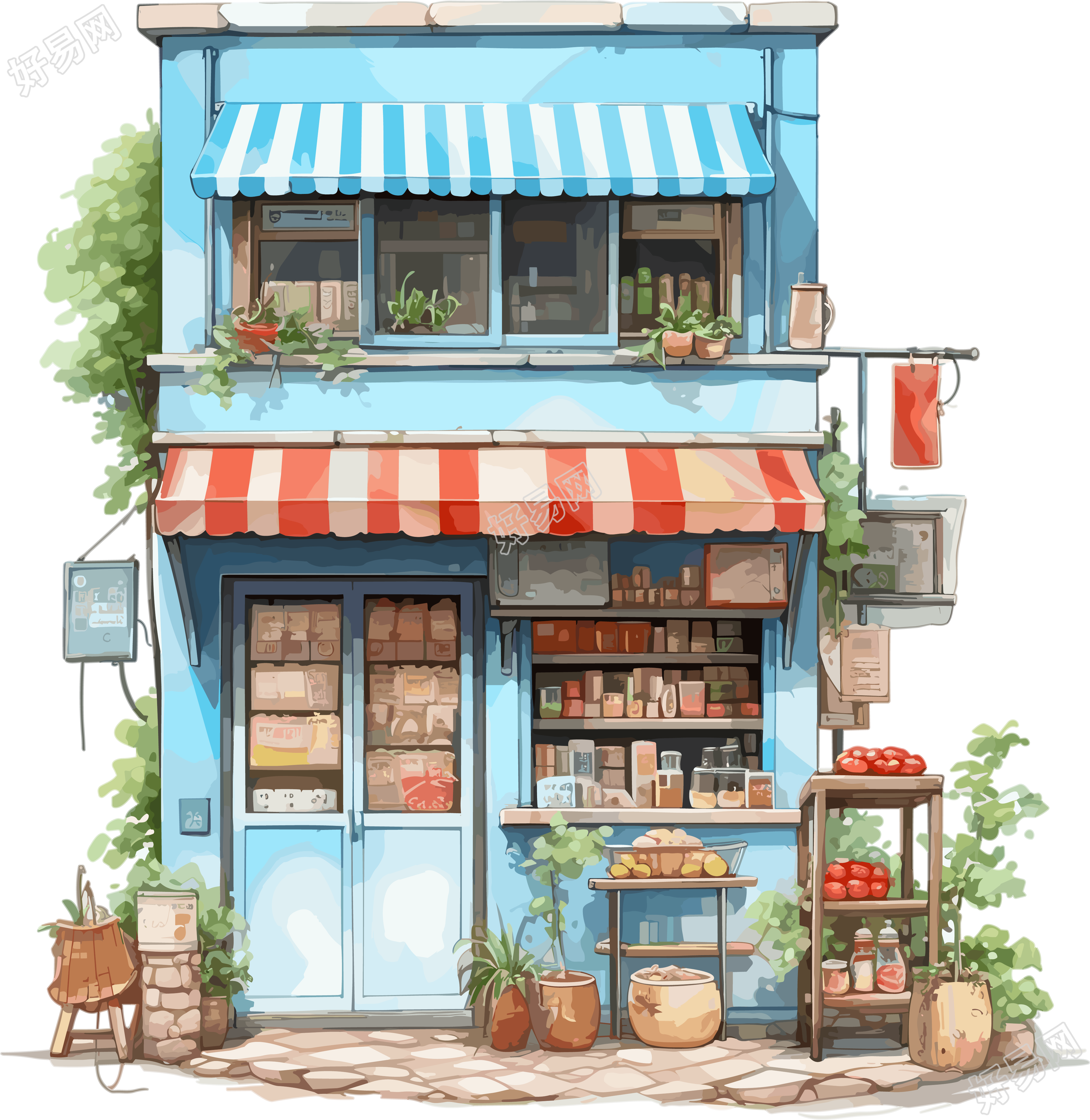 蓝色商店透明背景插画设计