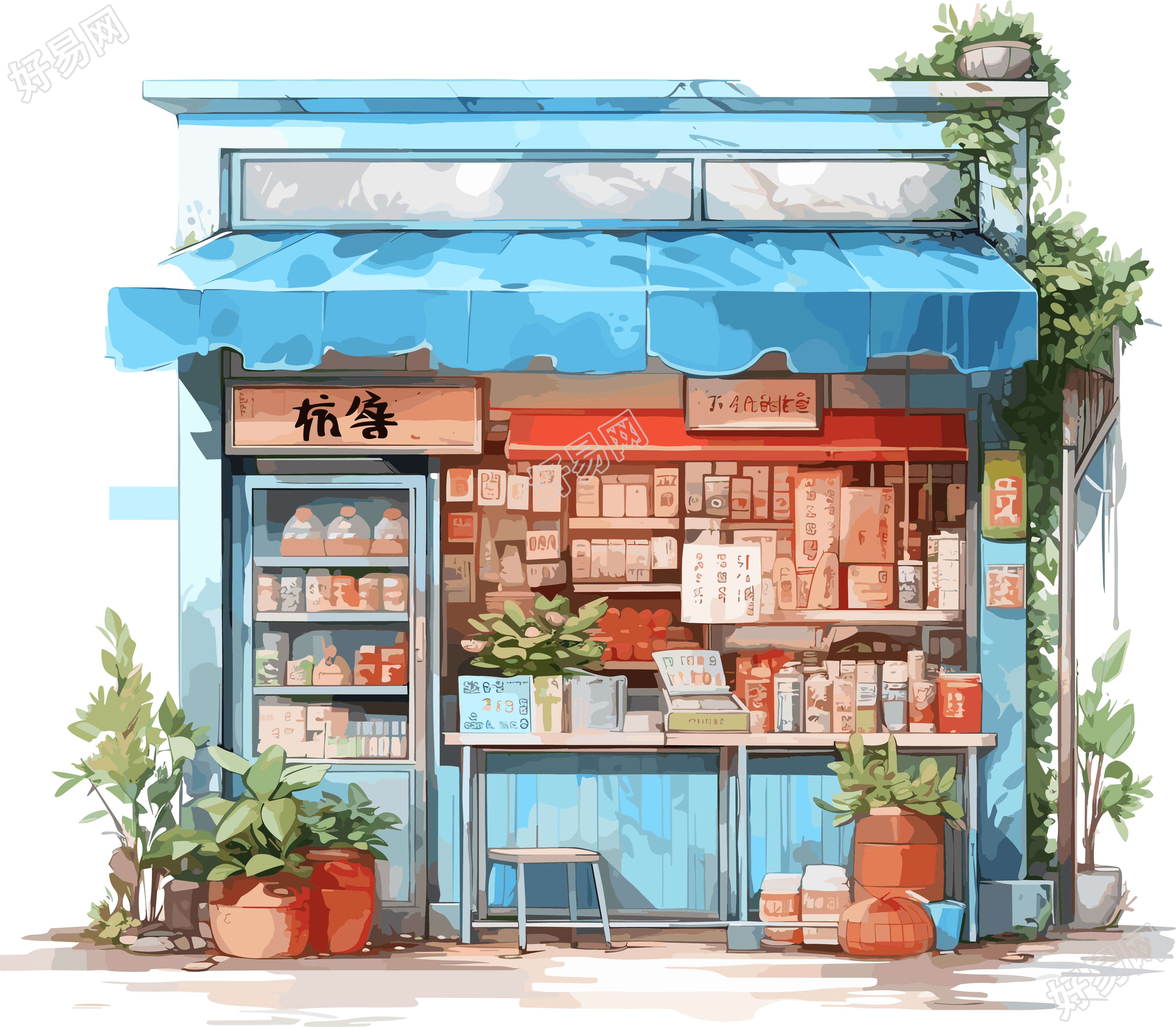 透明背景水墨画风格的商店素材