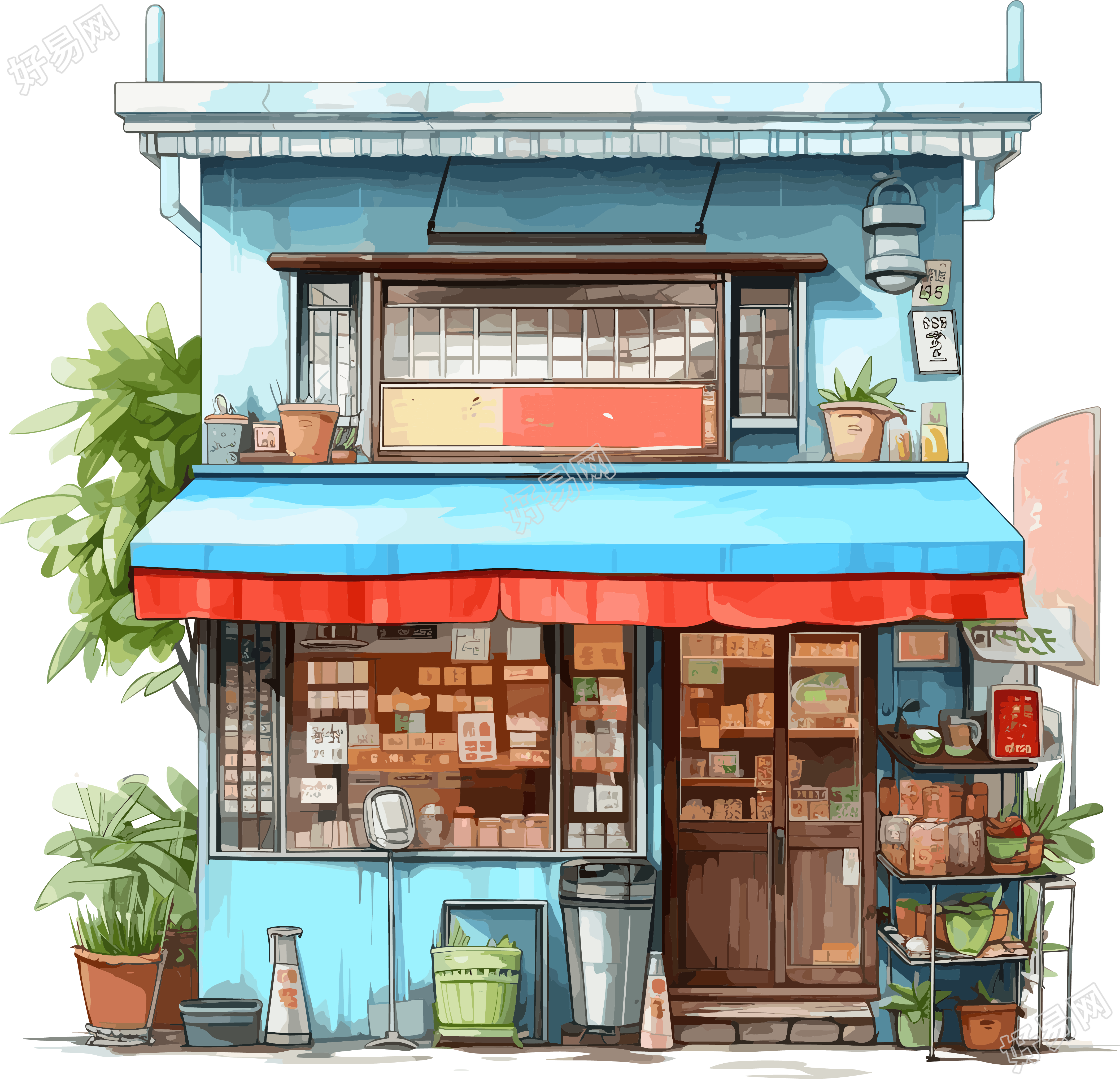 水墨画风格蓝色店铺卡通建筑素材