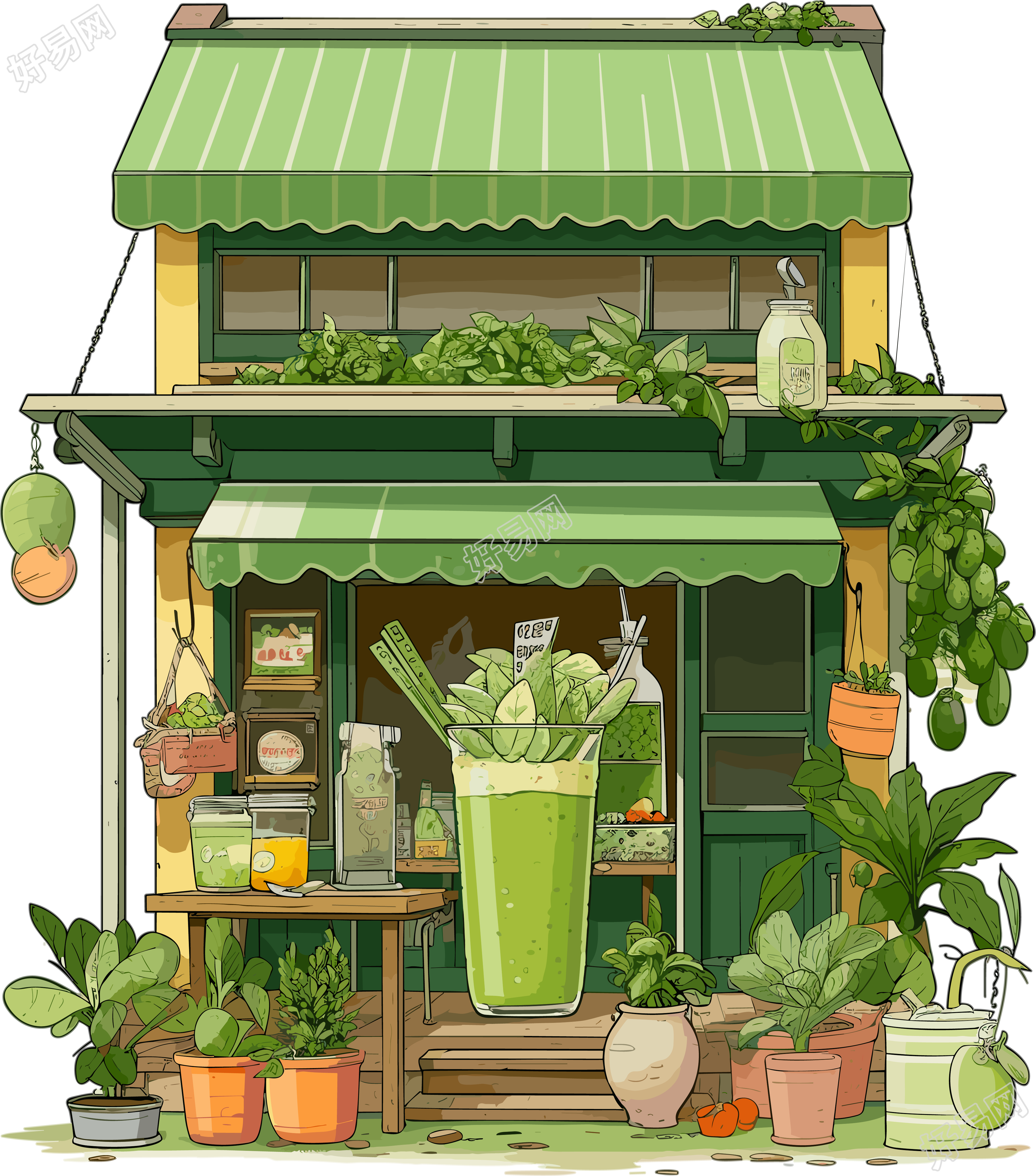 绿色冰沙店铺橱窗插画