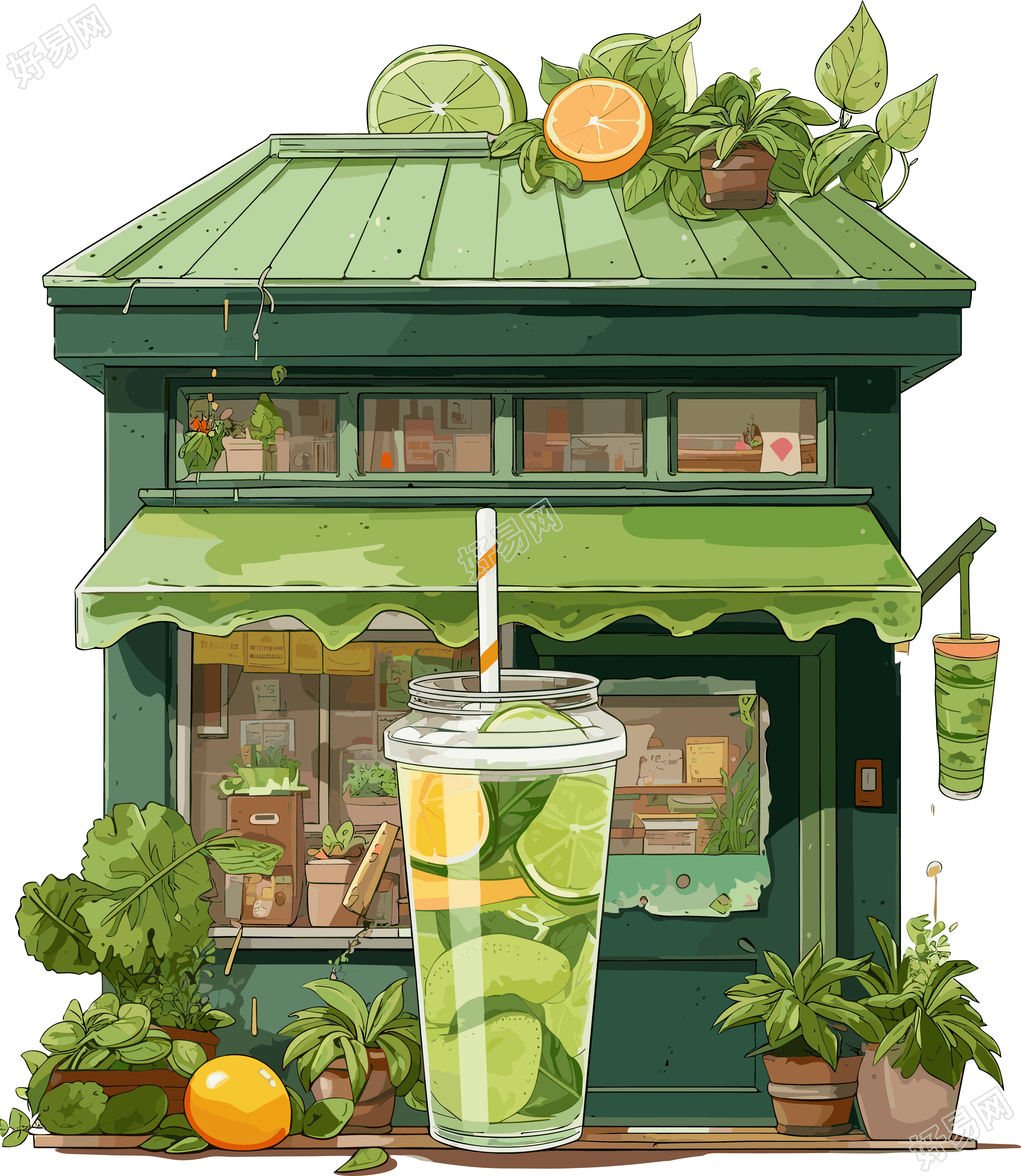 创意设计绿色冷饮店插画素材