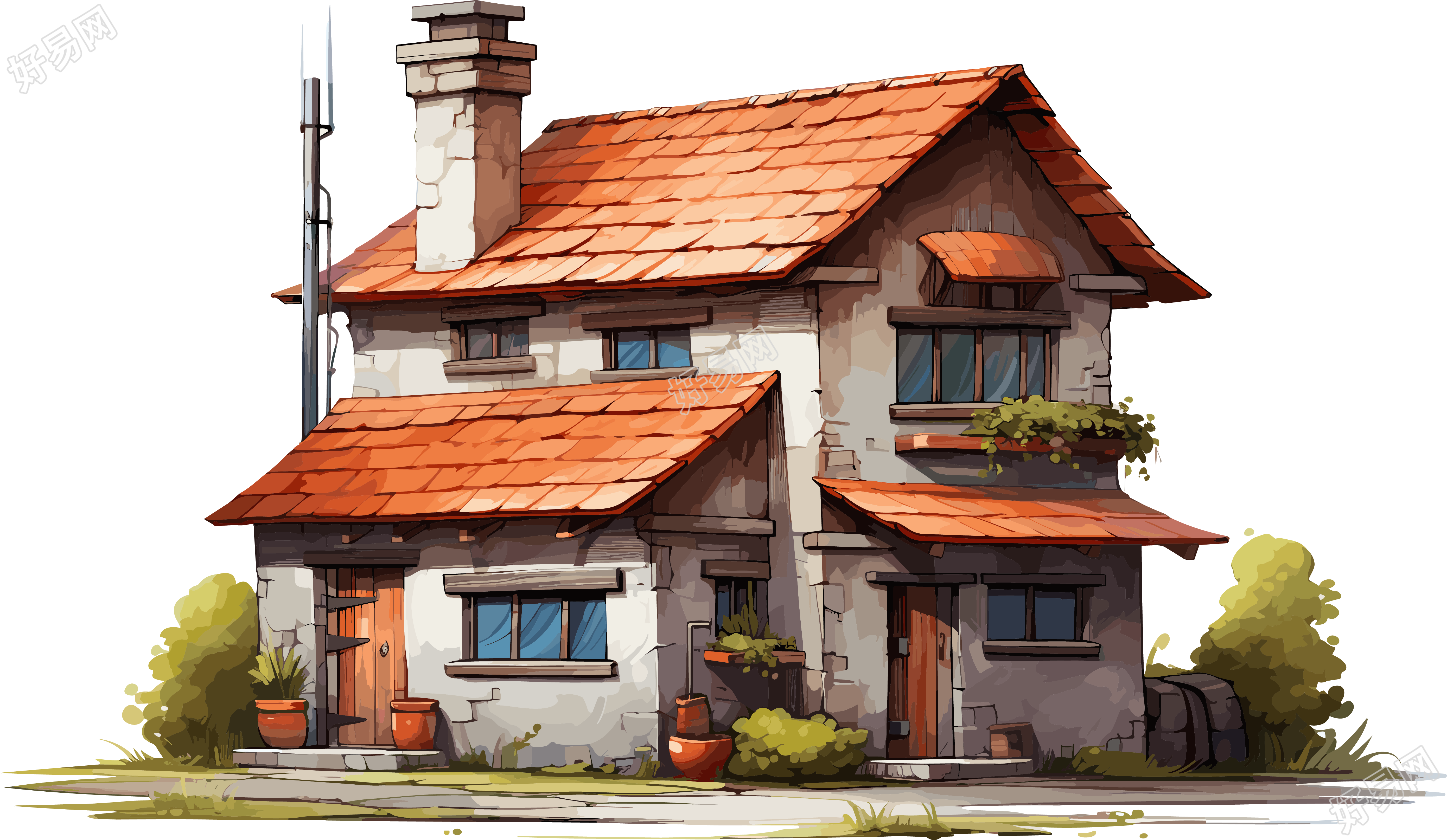 红屋顶与烟囱的卡通房子素材