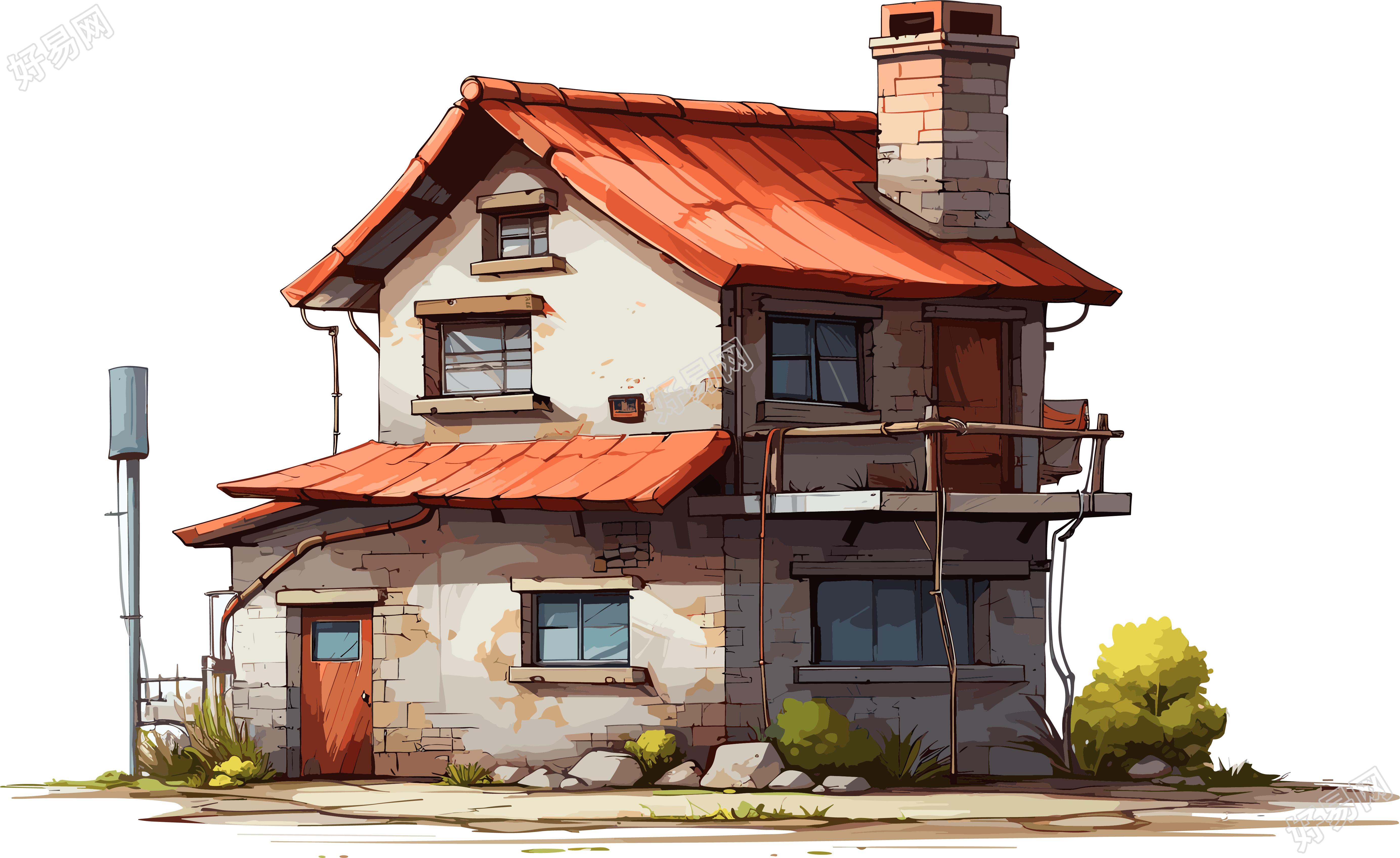 乡村红色屋顶的卡通房子素材