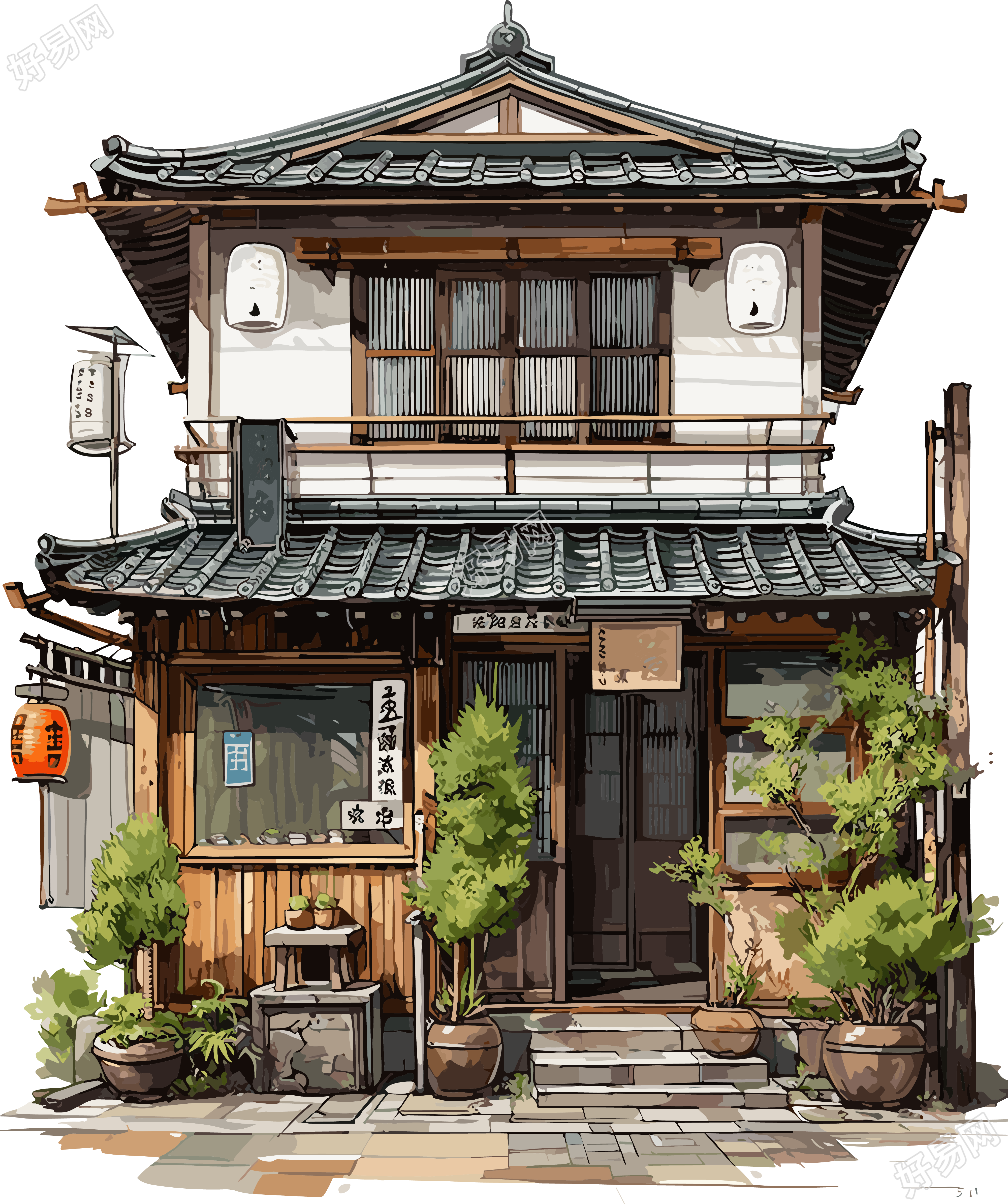 创意设计日本建筑水彩画素材