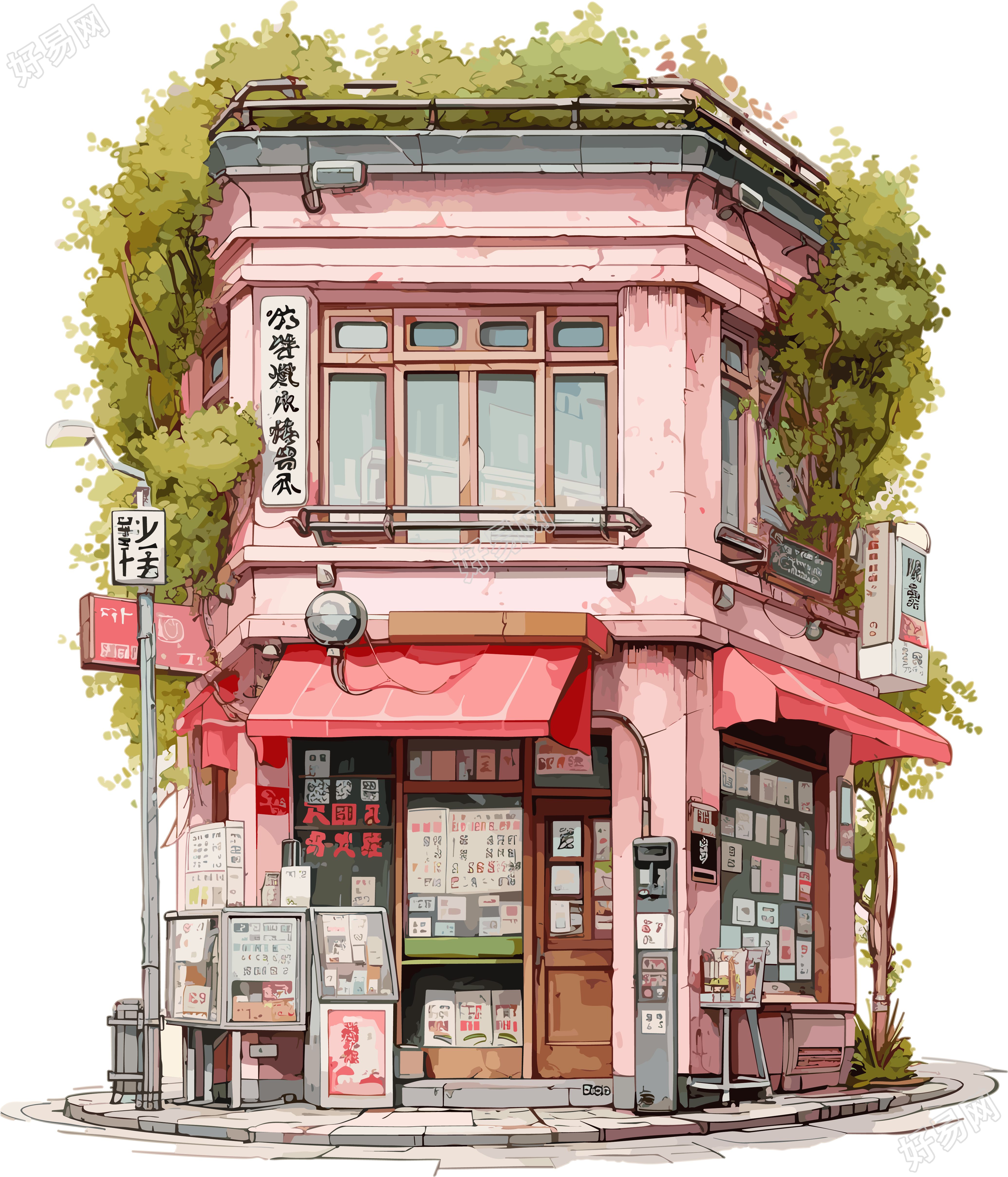粉色街边小店浪漫漫画素材