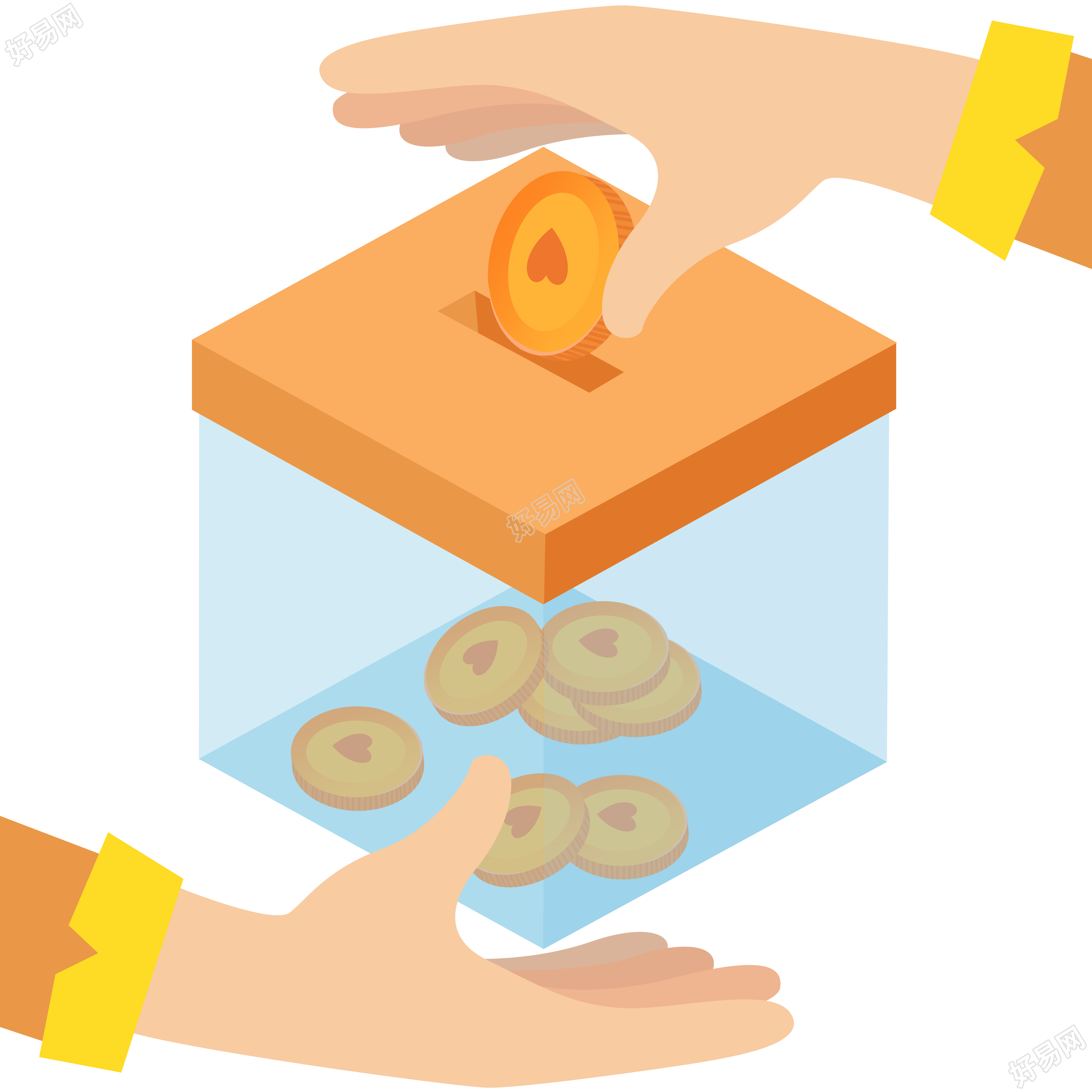 创意设计手拿金币投入捐款箱插画素材