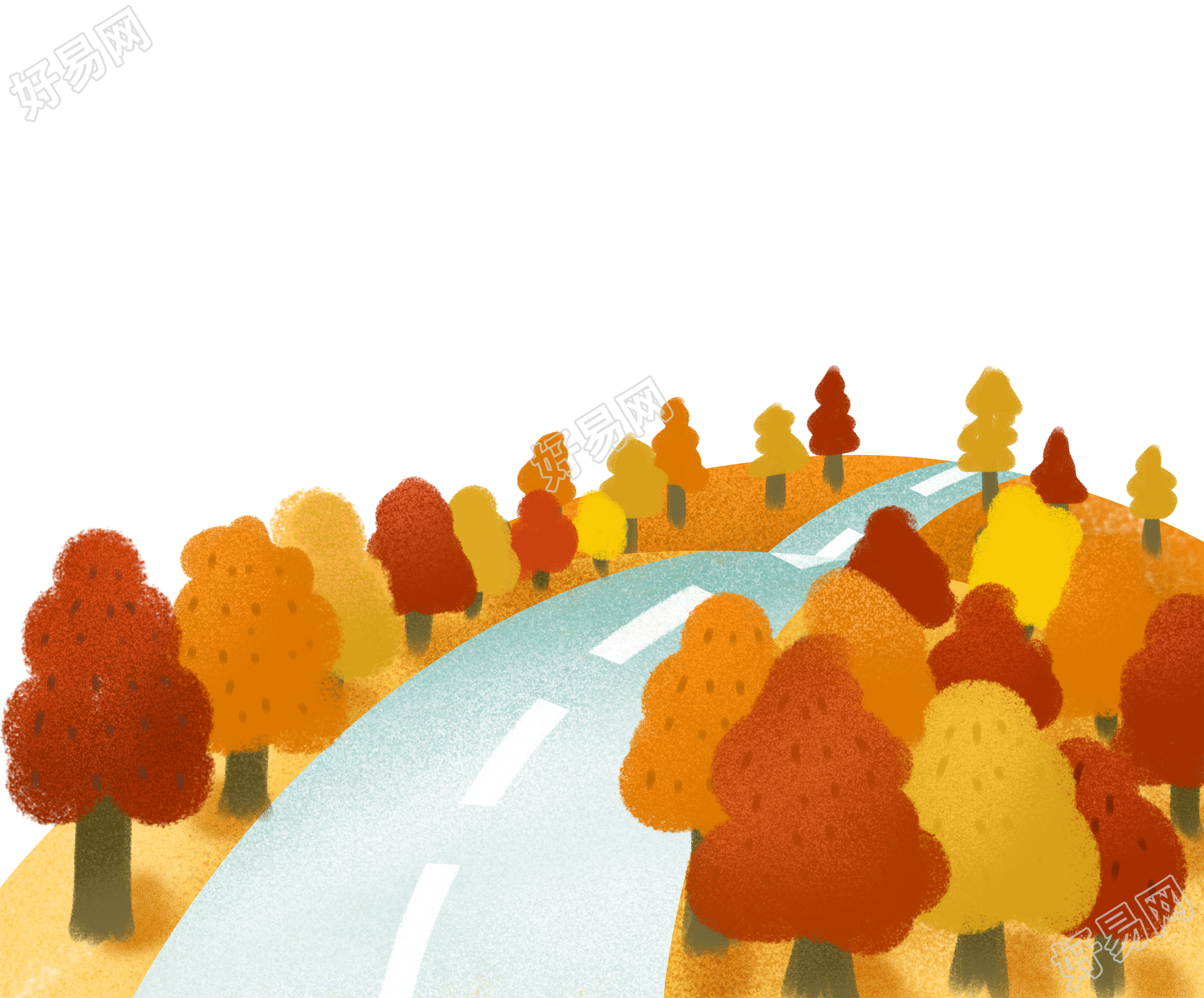 卡通秋游路边的树木美景插画