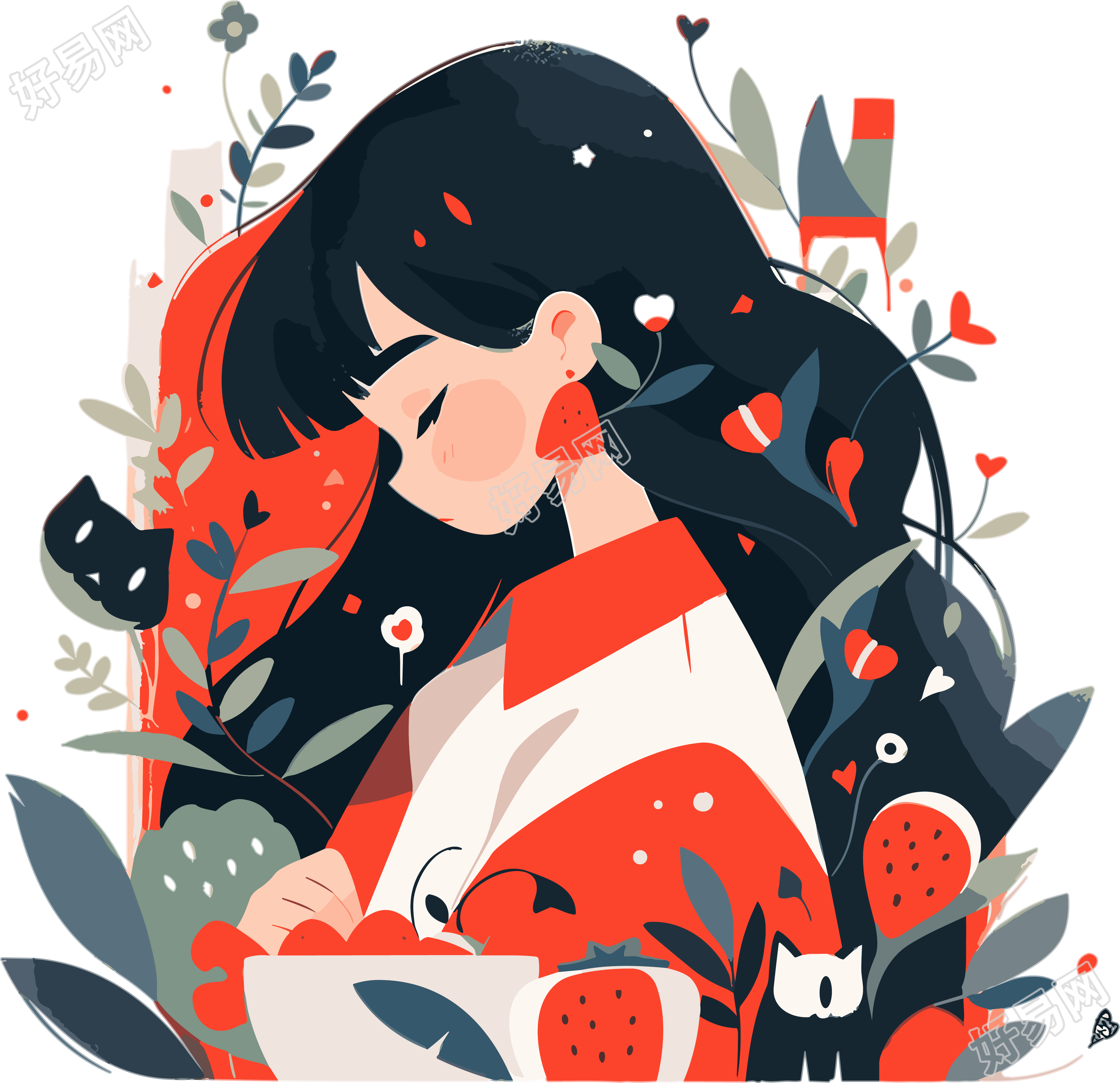 唯美水果女孩高清插画元素