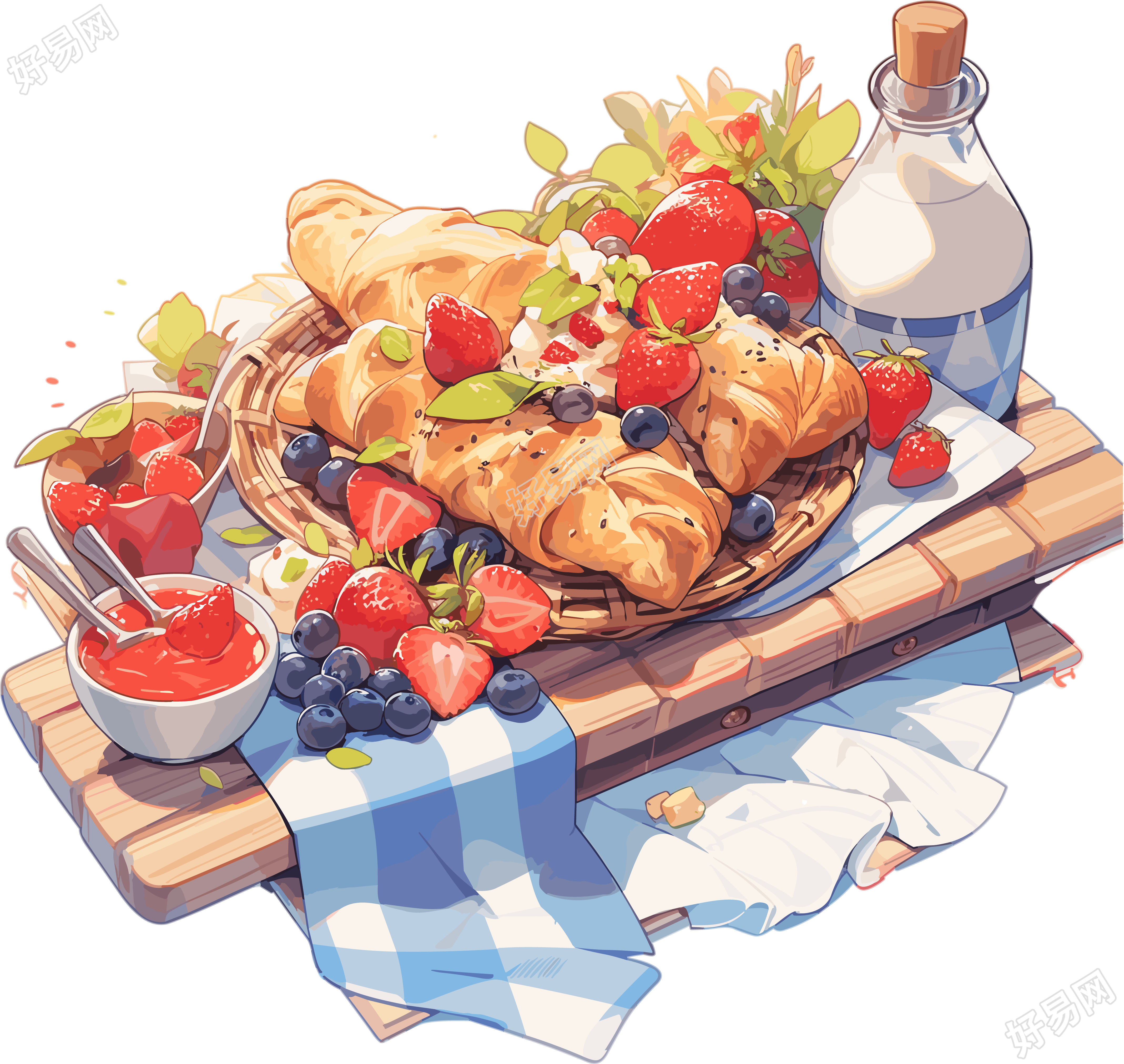 摆满美食的户外野餐毯高清插画设计
