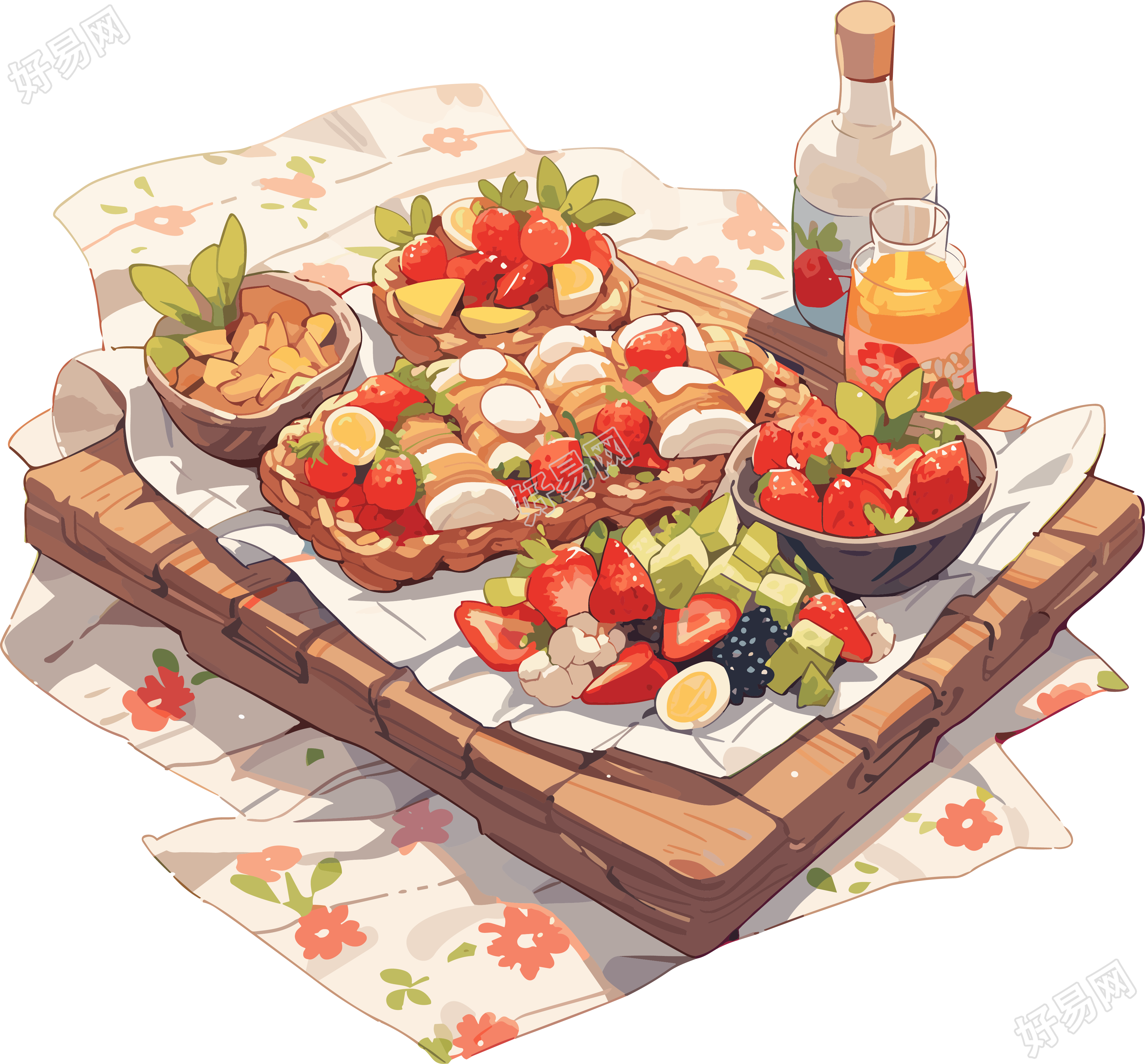 户外野餐垫美味食物露营插画