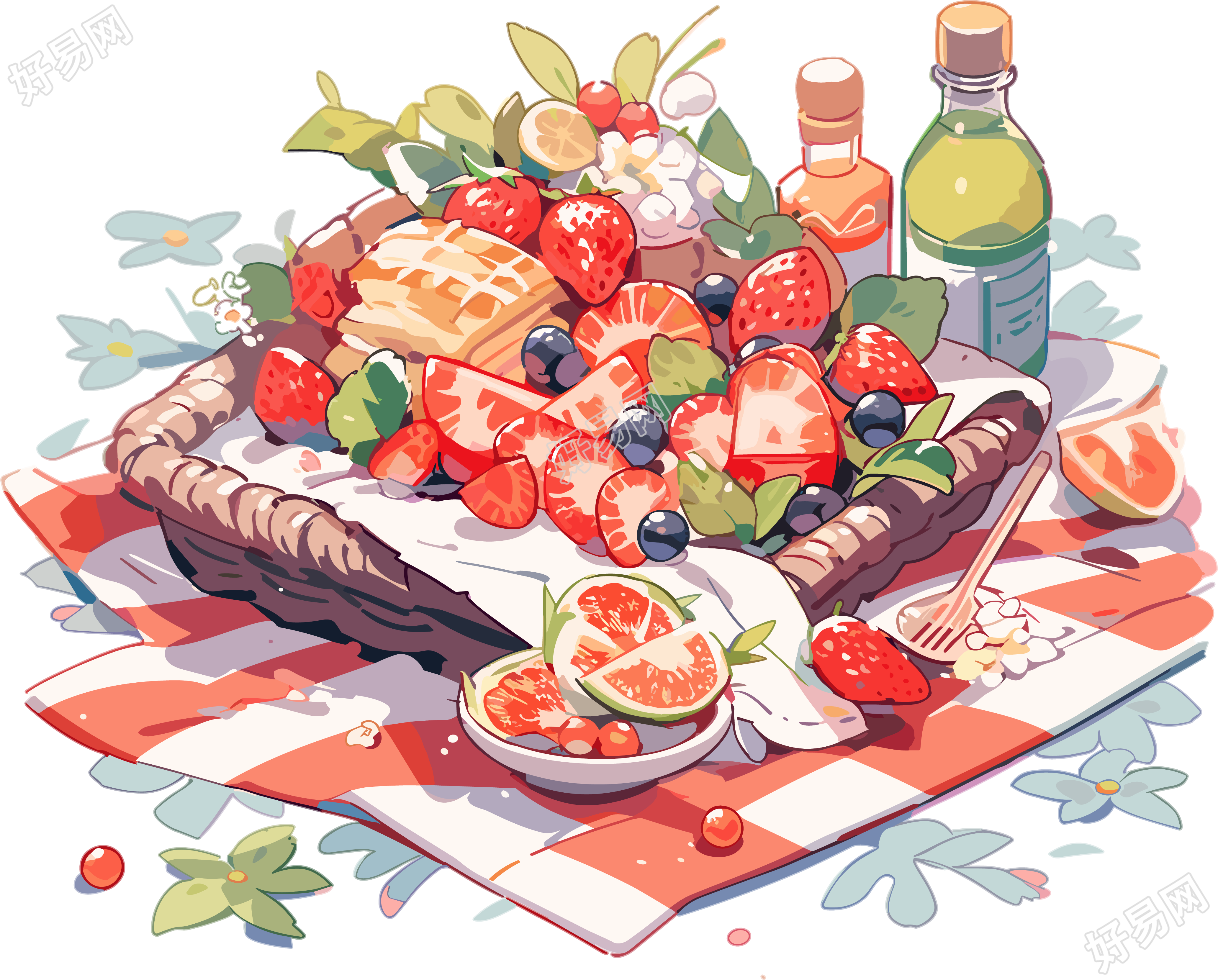 透明背景户外野餐毯上的美食插画