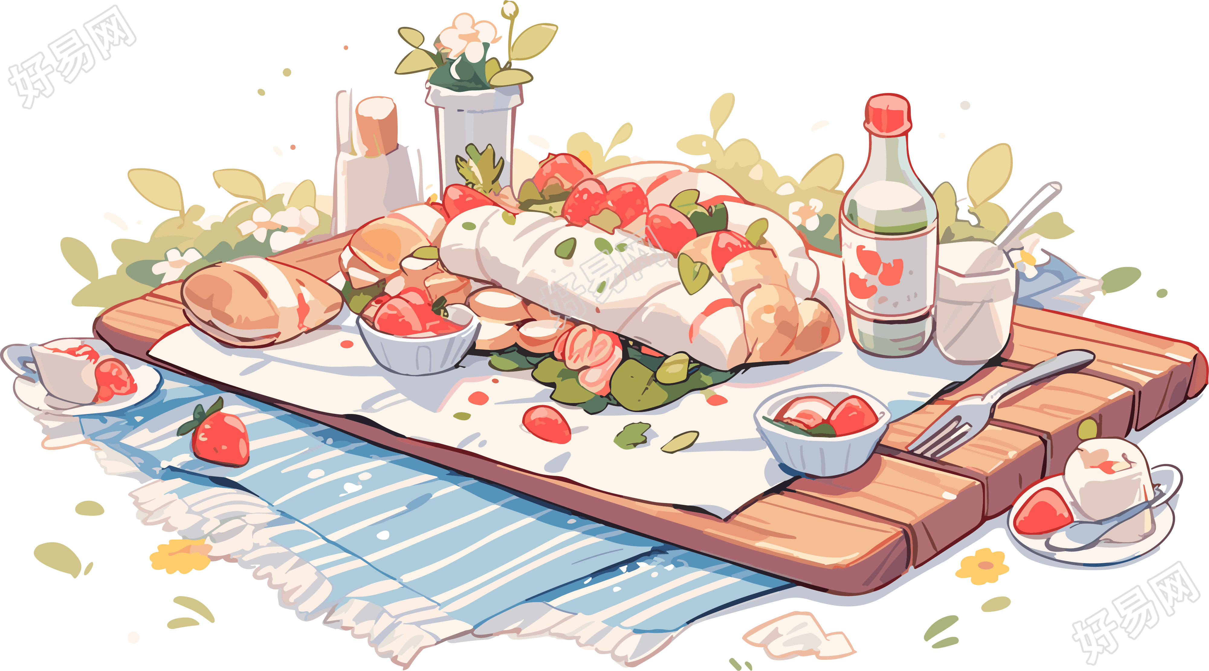 摆满美食的户外野垫高清插画素材