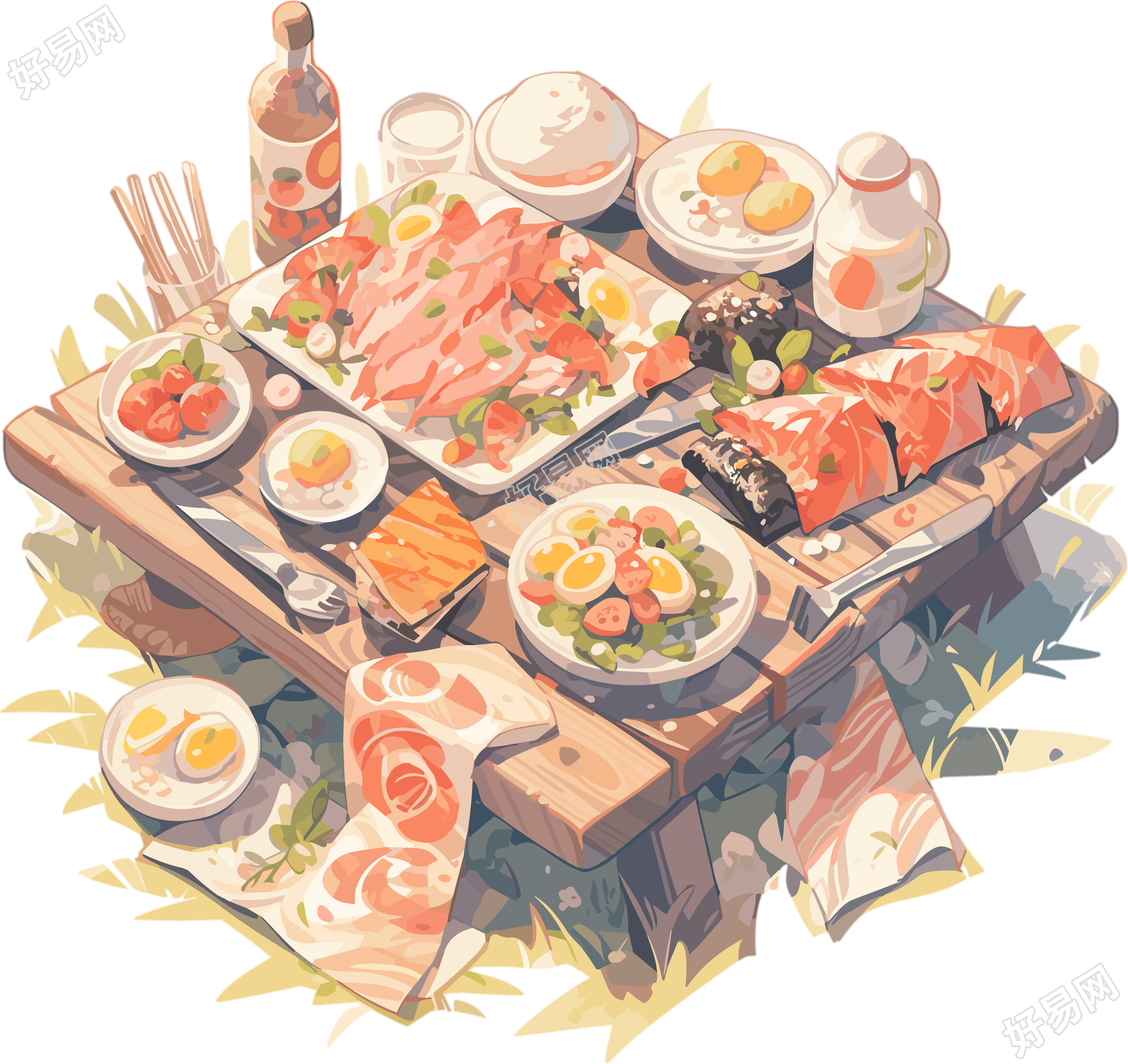 清新可爱的野餐毯搭配美食插画