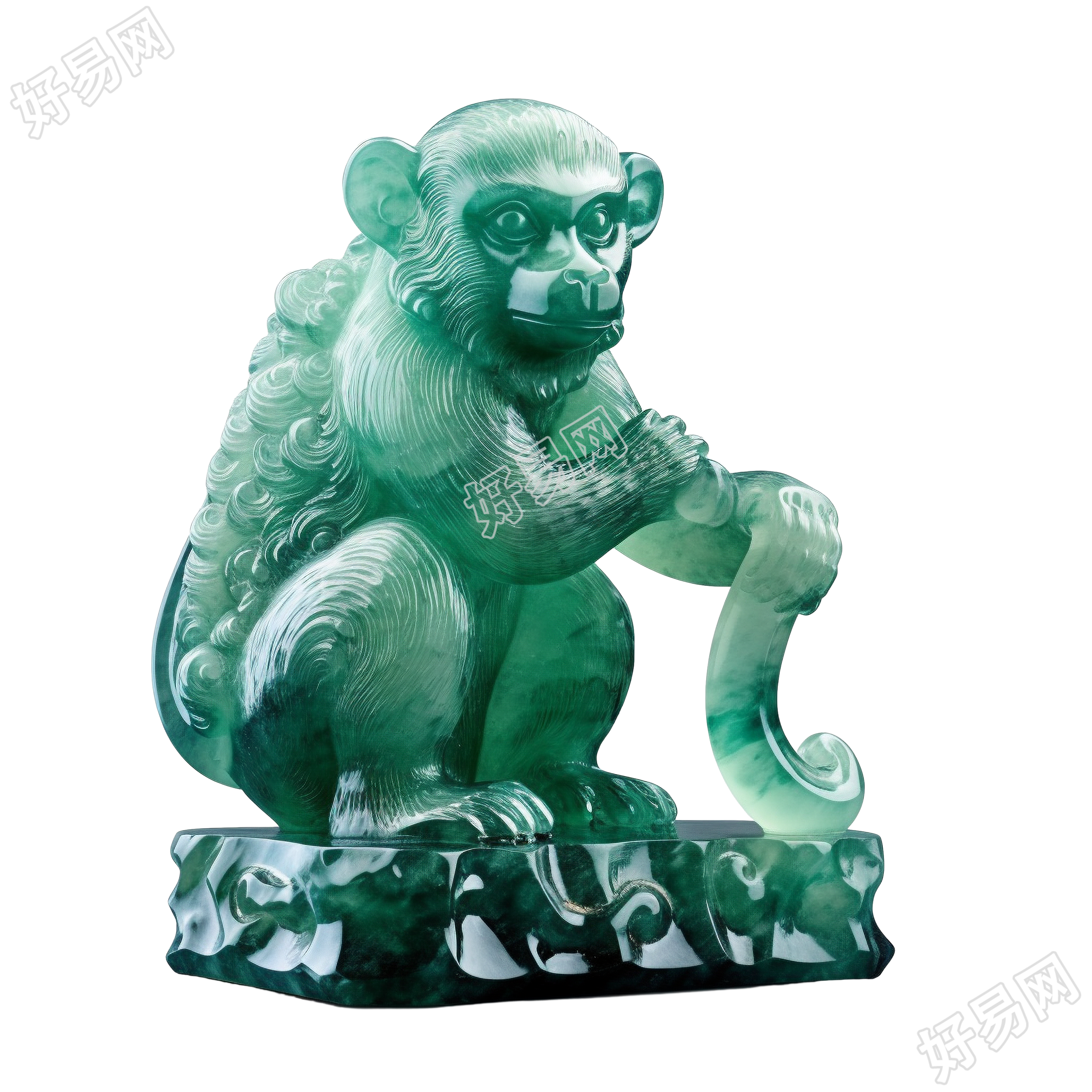 造型唯美的玉质雕刻猴子PNG创意设计素材