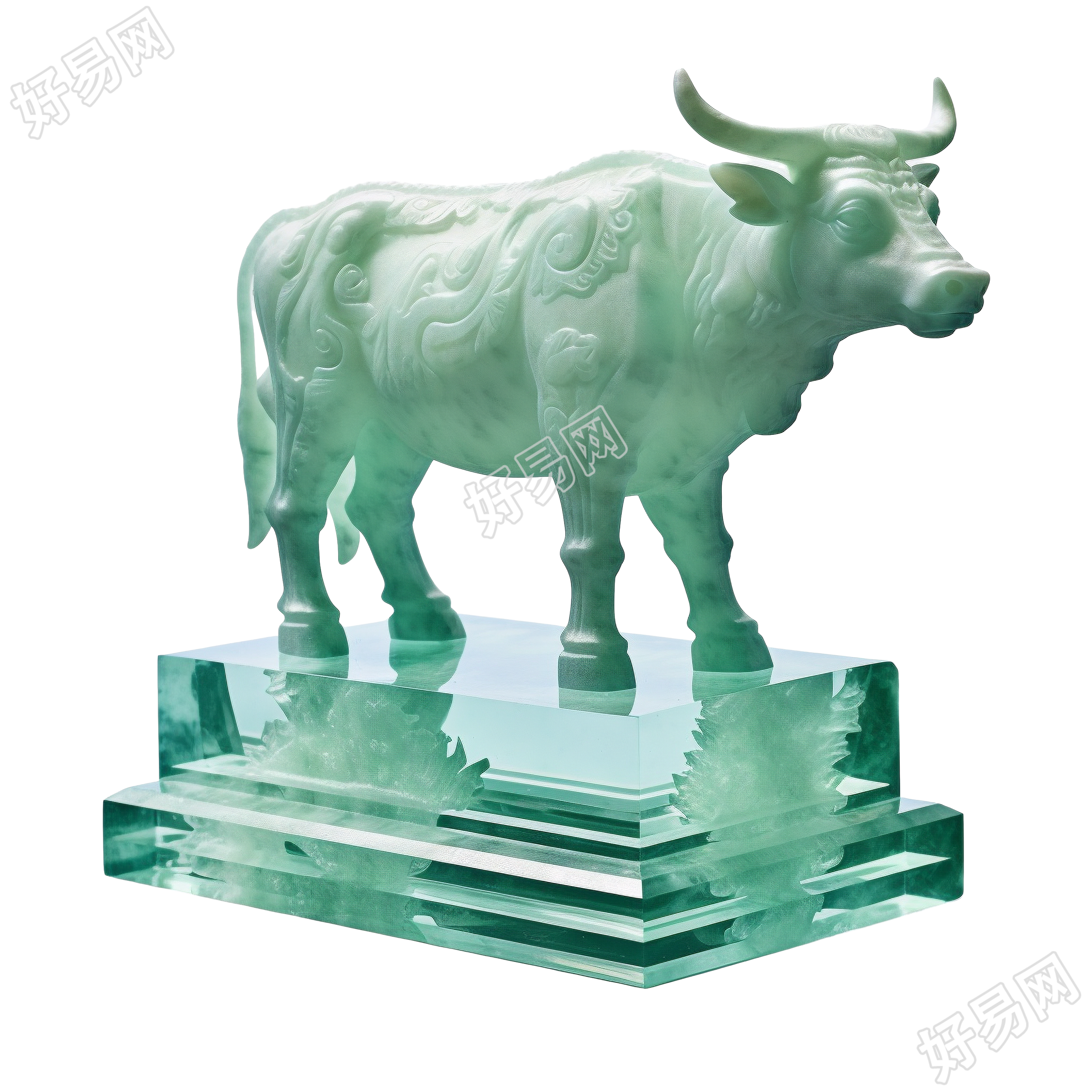 精细工艺玉质雕刻牛PNG创意设计元素