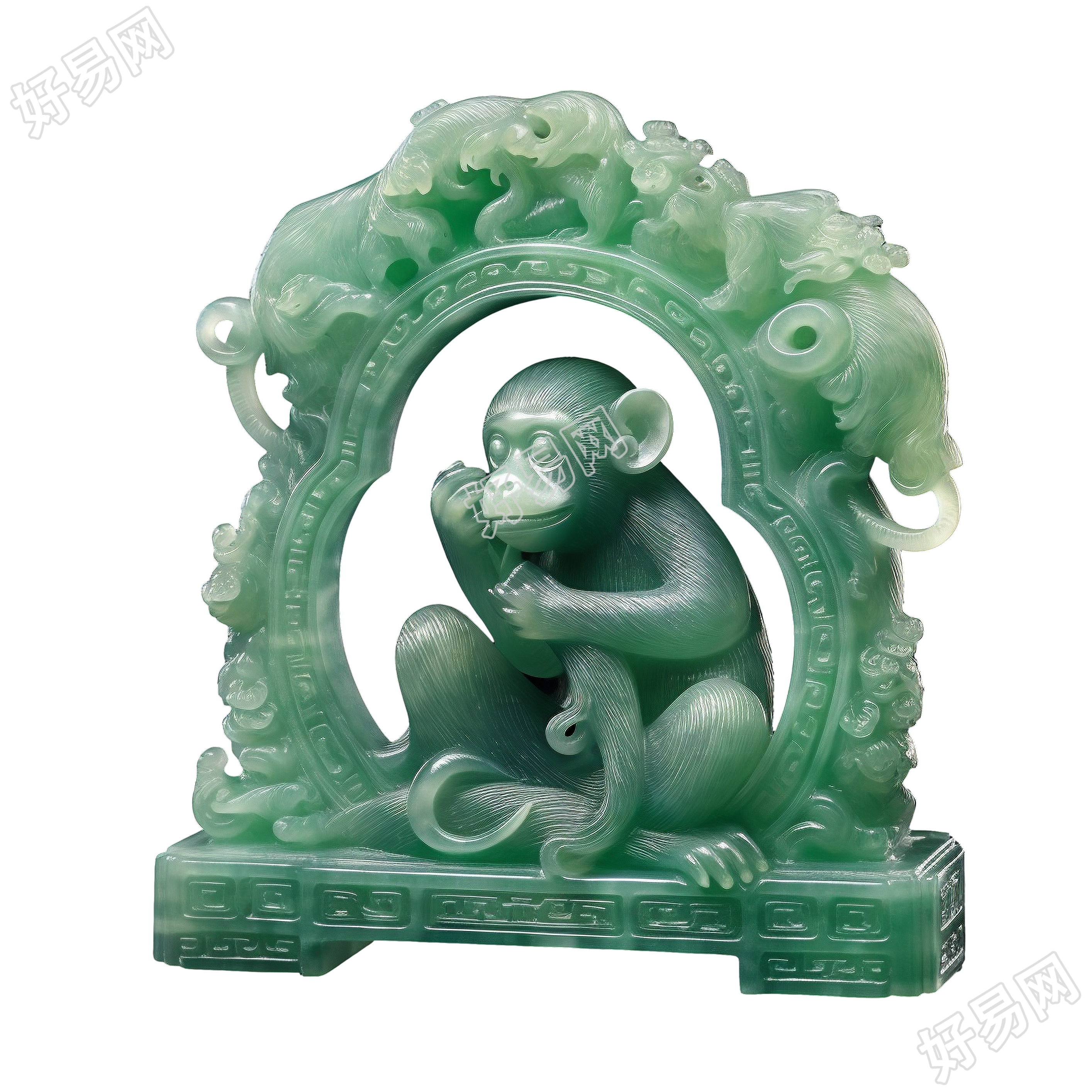 高清透明背景玉质雕刻小猴子PNG素材