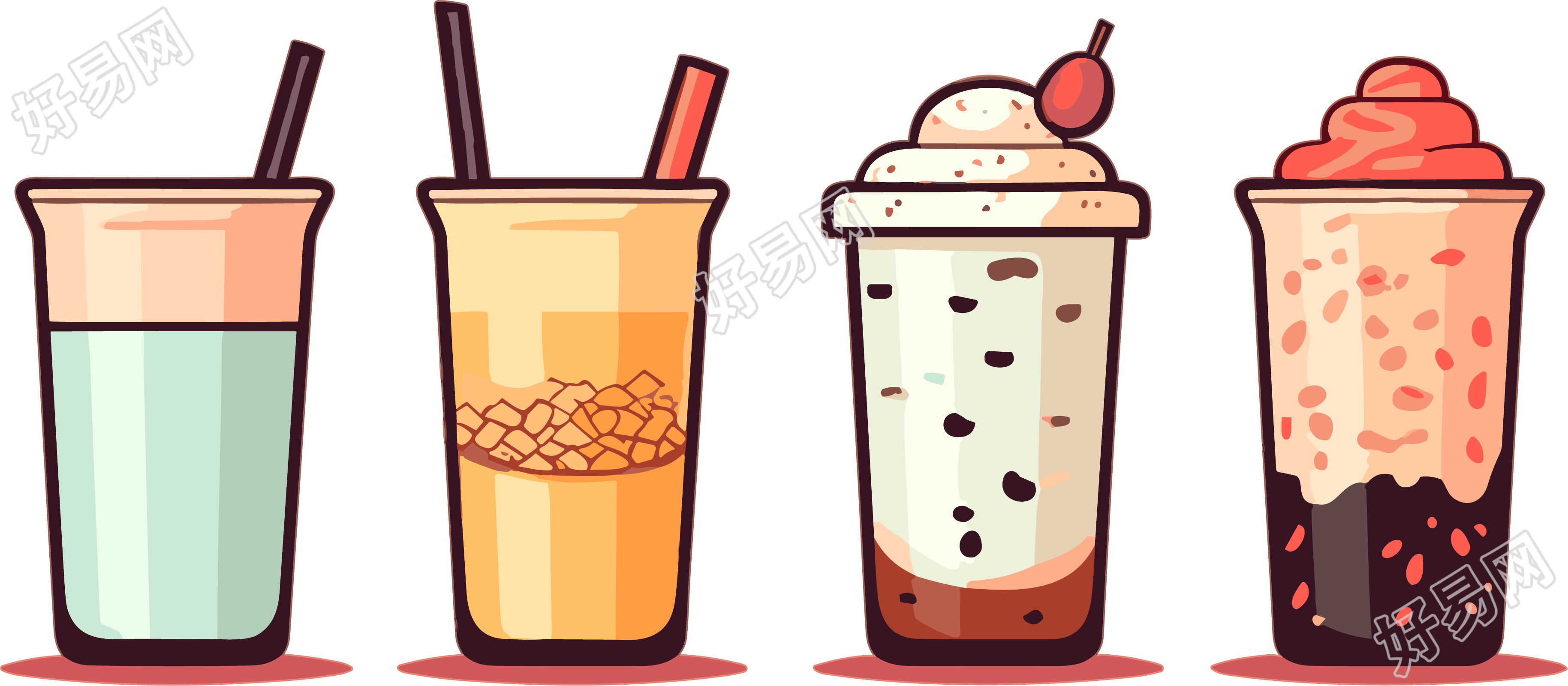 中式奶茶店多种饮品插画素材