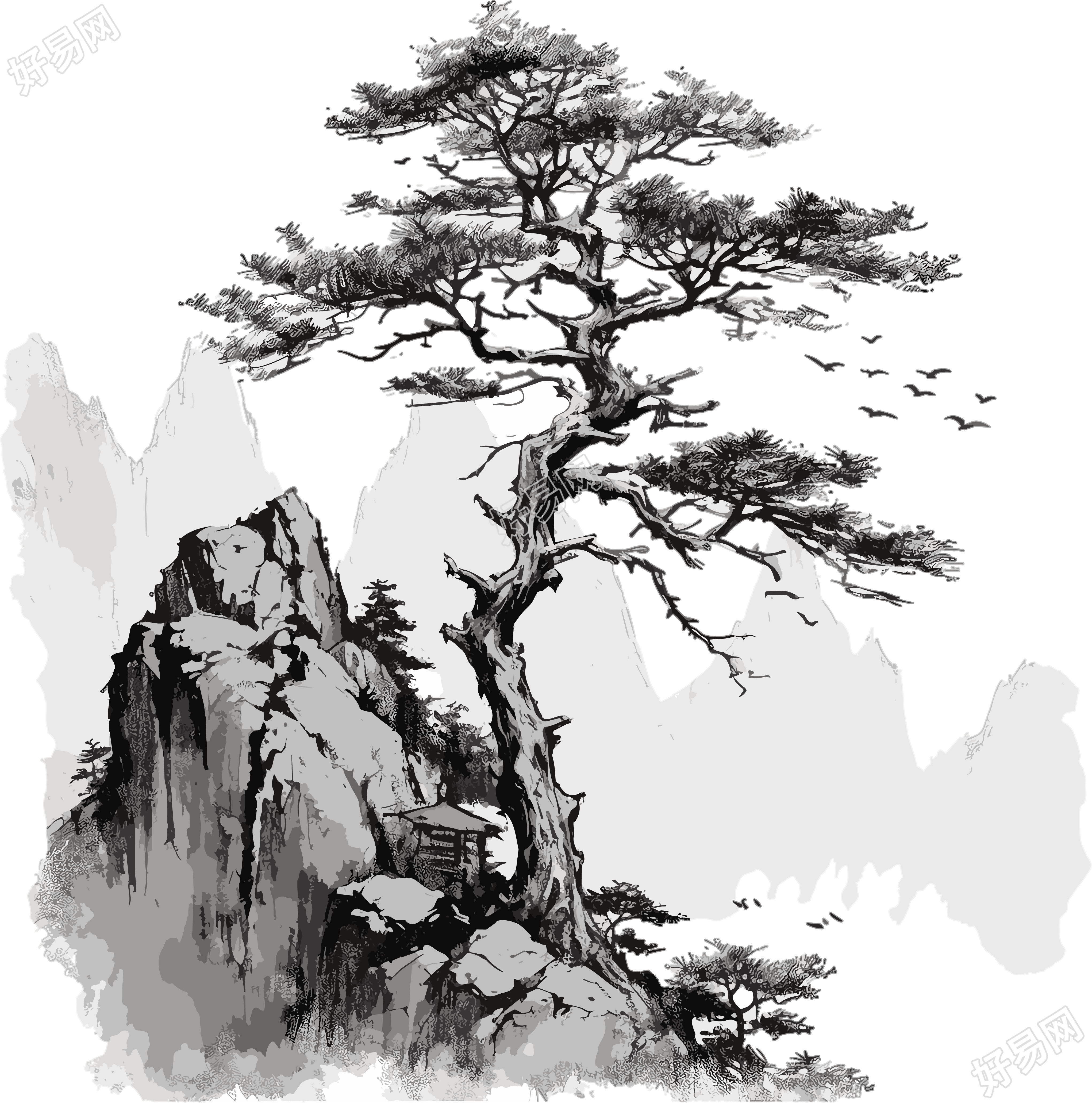 水墨松树高山素材插画