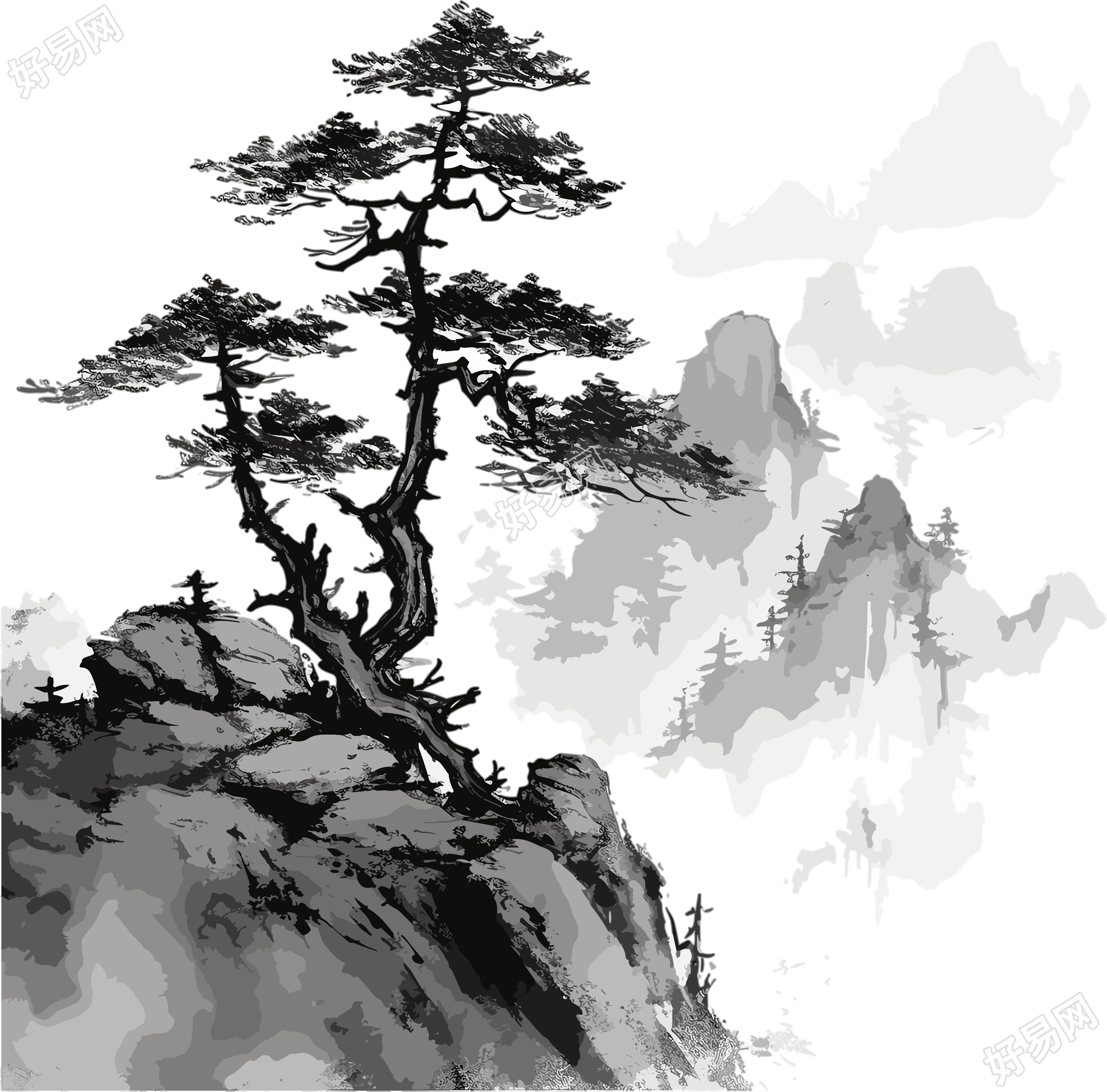 中国风水墨山林松树插画