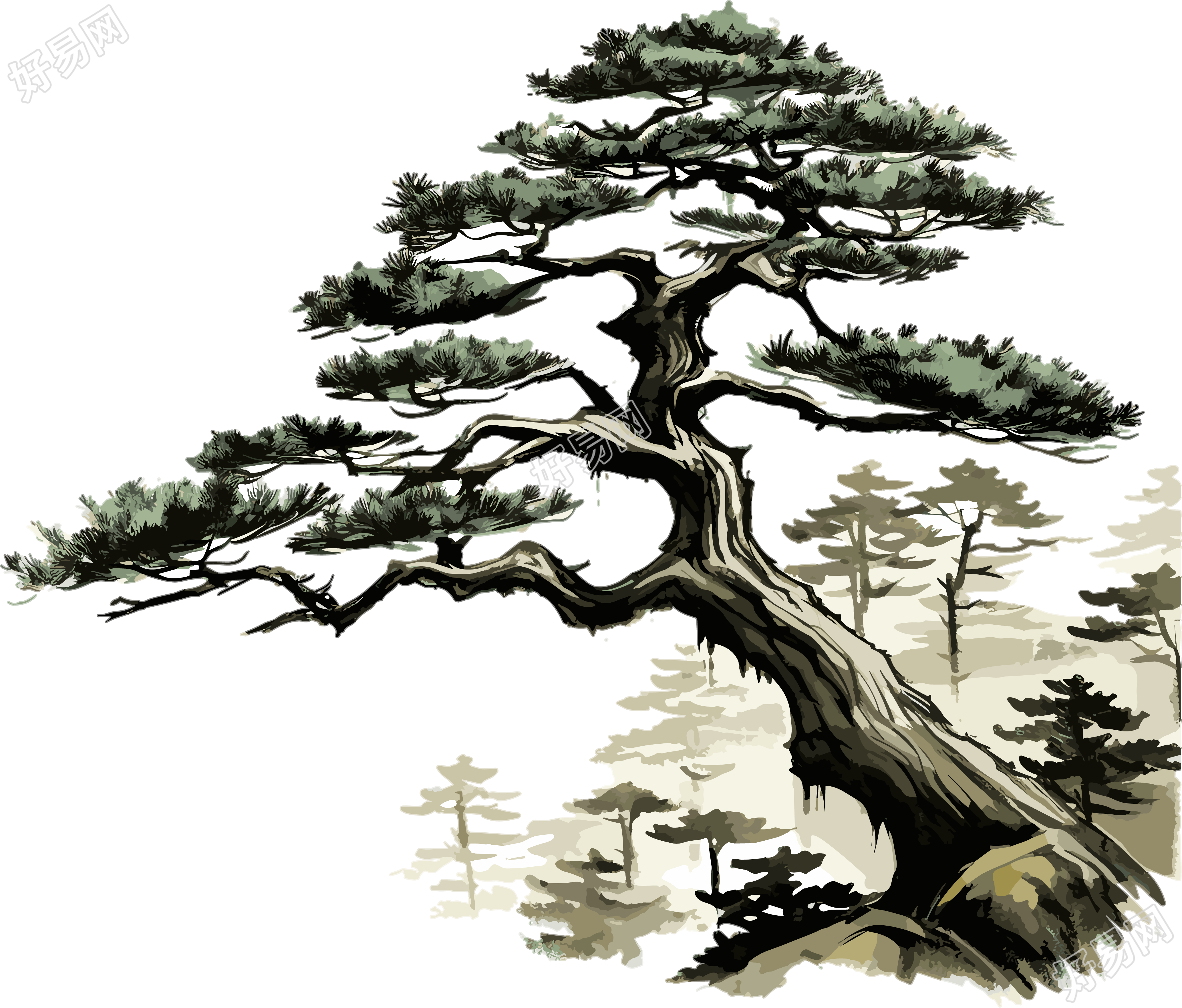 中国风艺术作品松树山脉插画