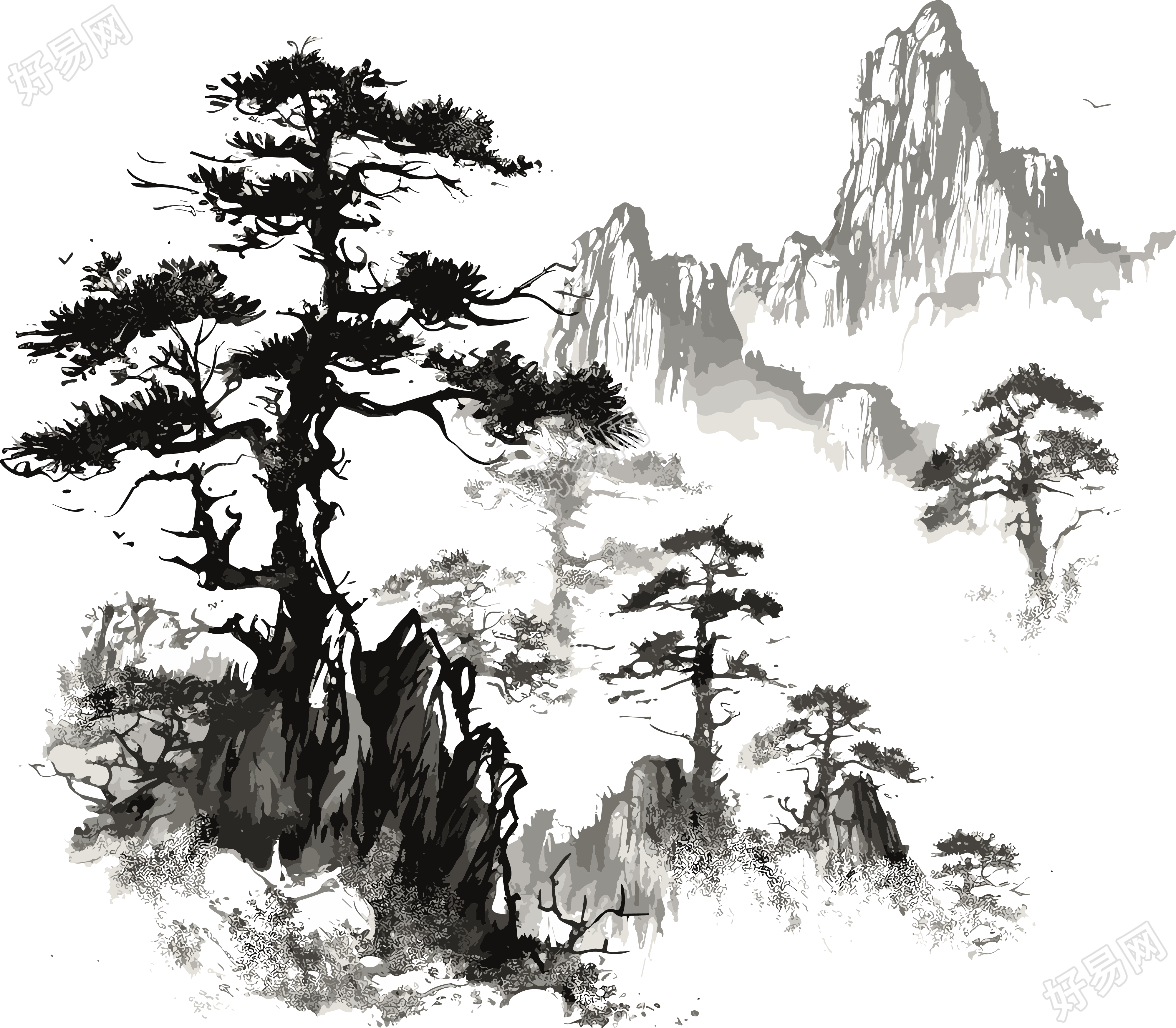 创意设计松树山脉水墨插画