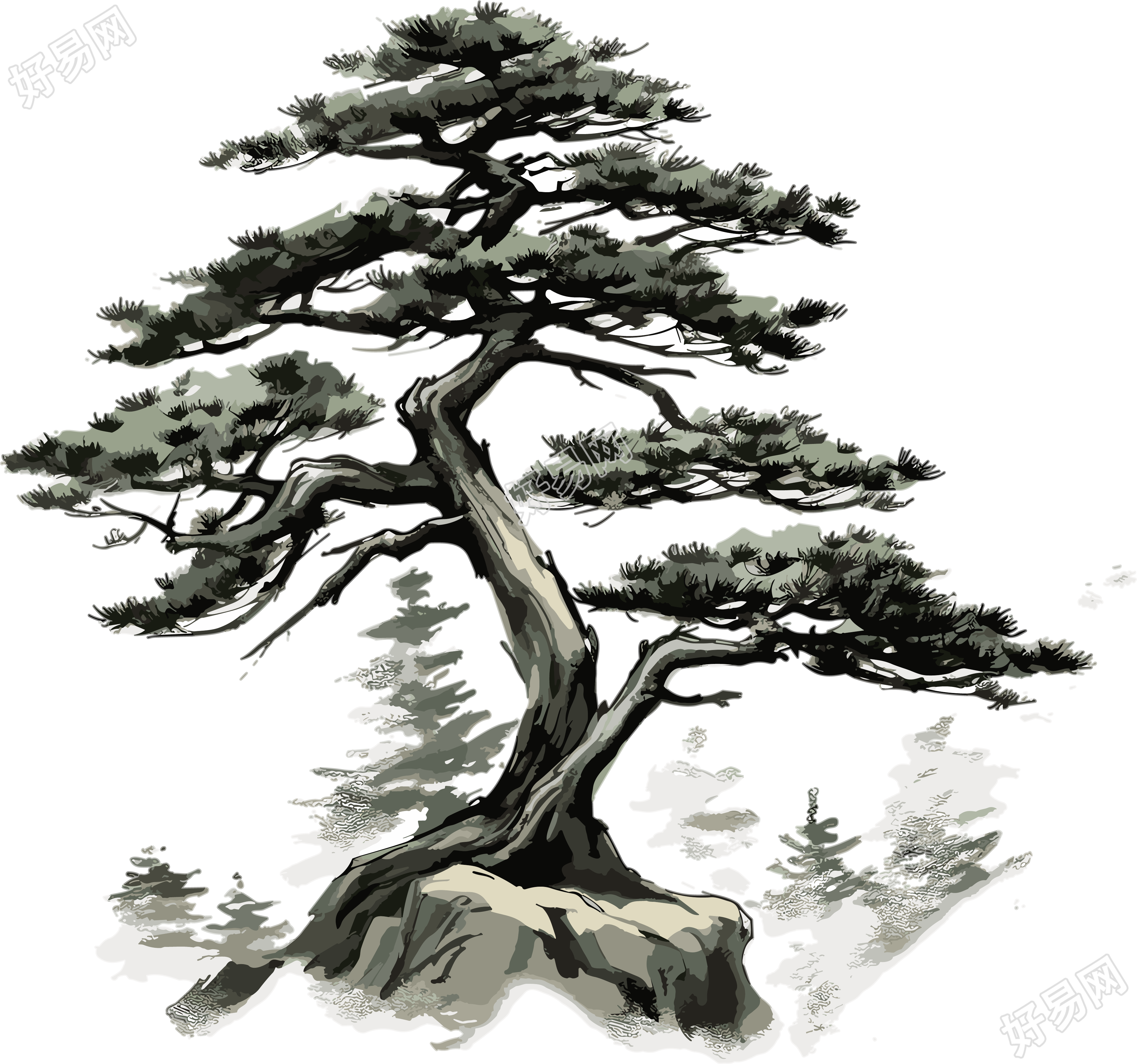 可商用高山松树水墨绘画素材