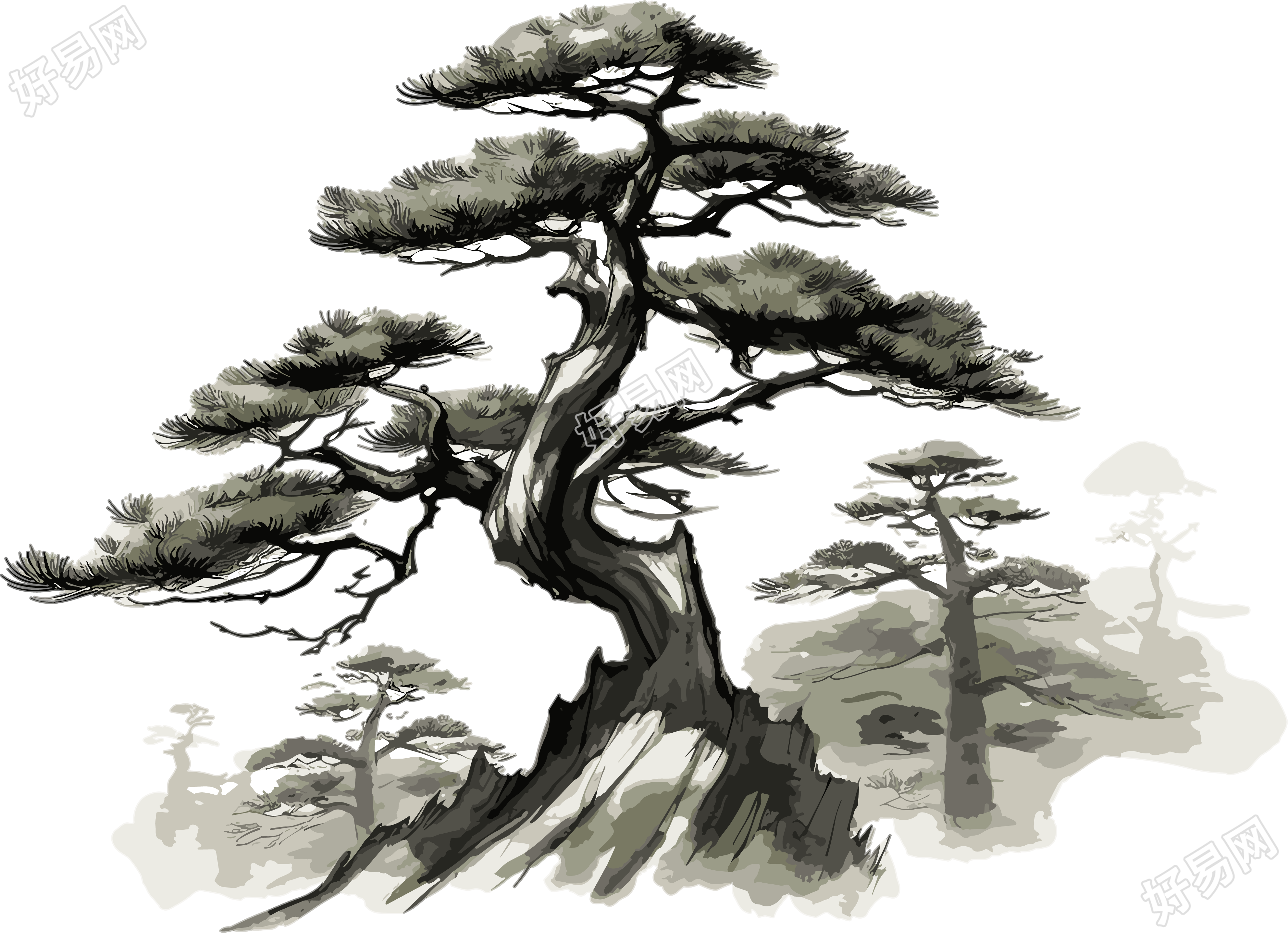 中国传统水墨画松树山脉素材