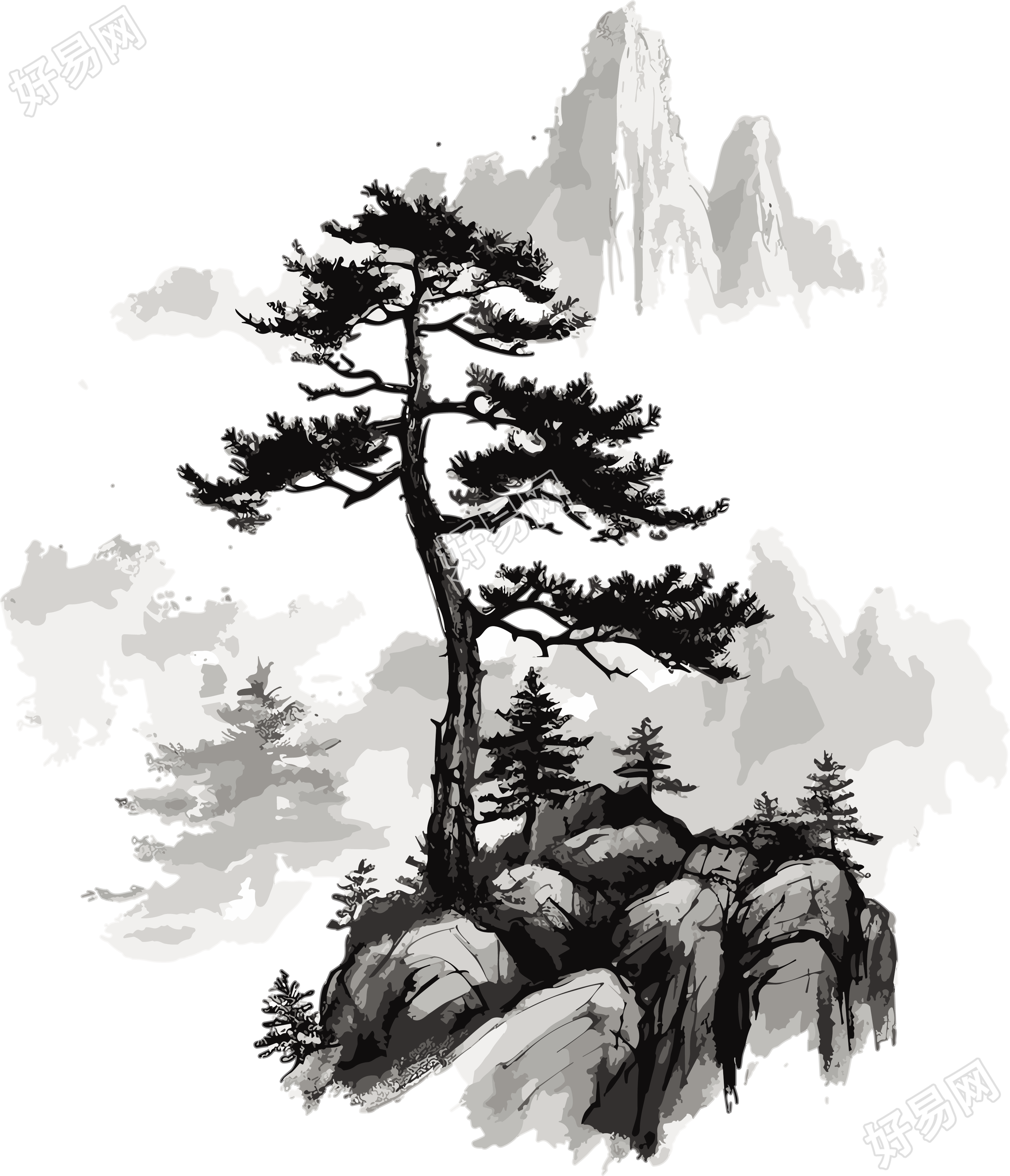 远山孤松插画白底高清PNG素材
