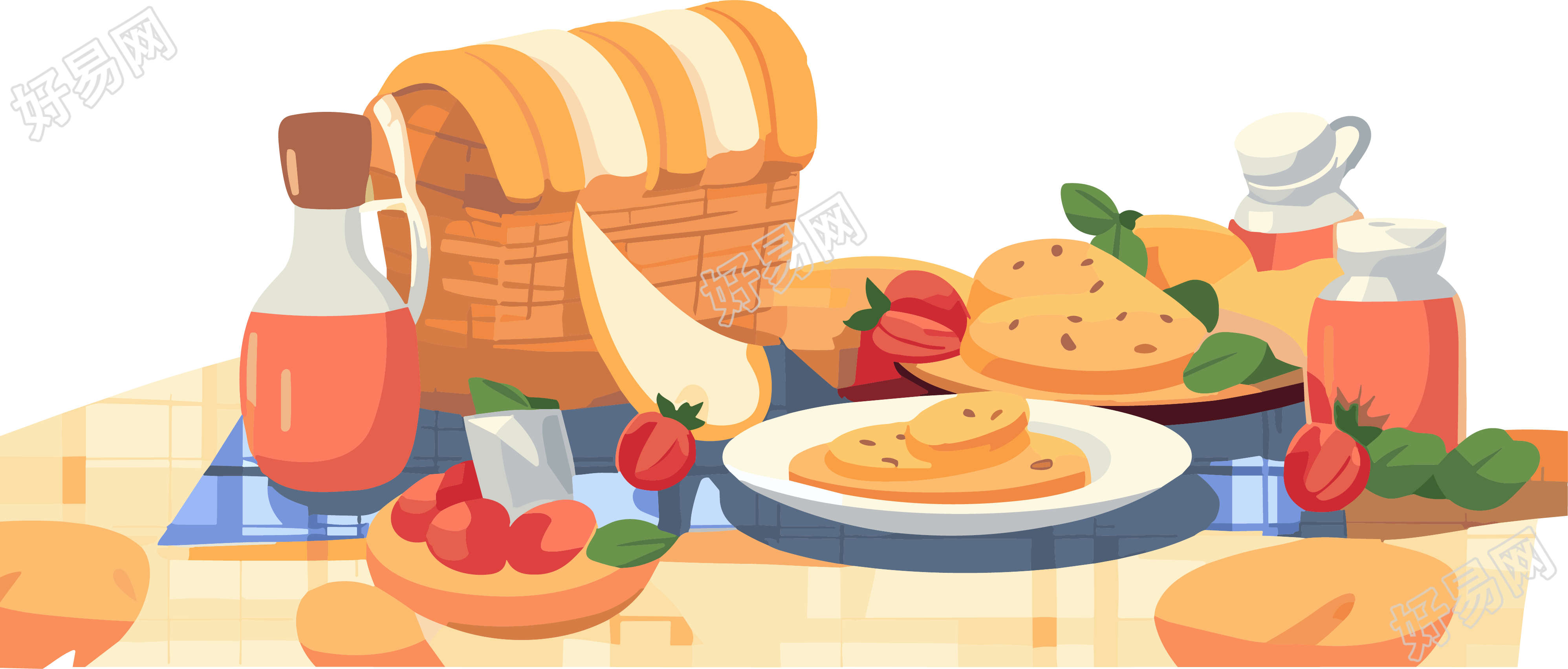户外聚会野餐毯子上的美食插画