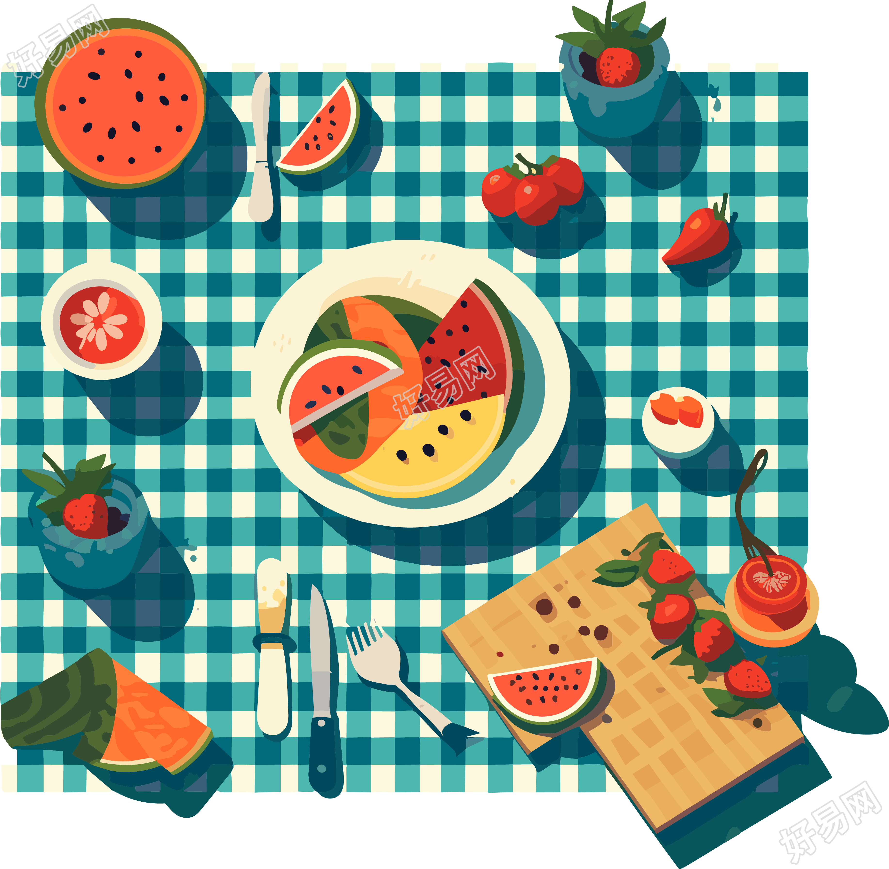 夏日野餐毯上美食冰凉西瓜插画