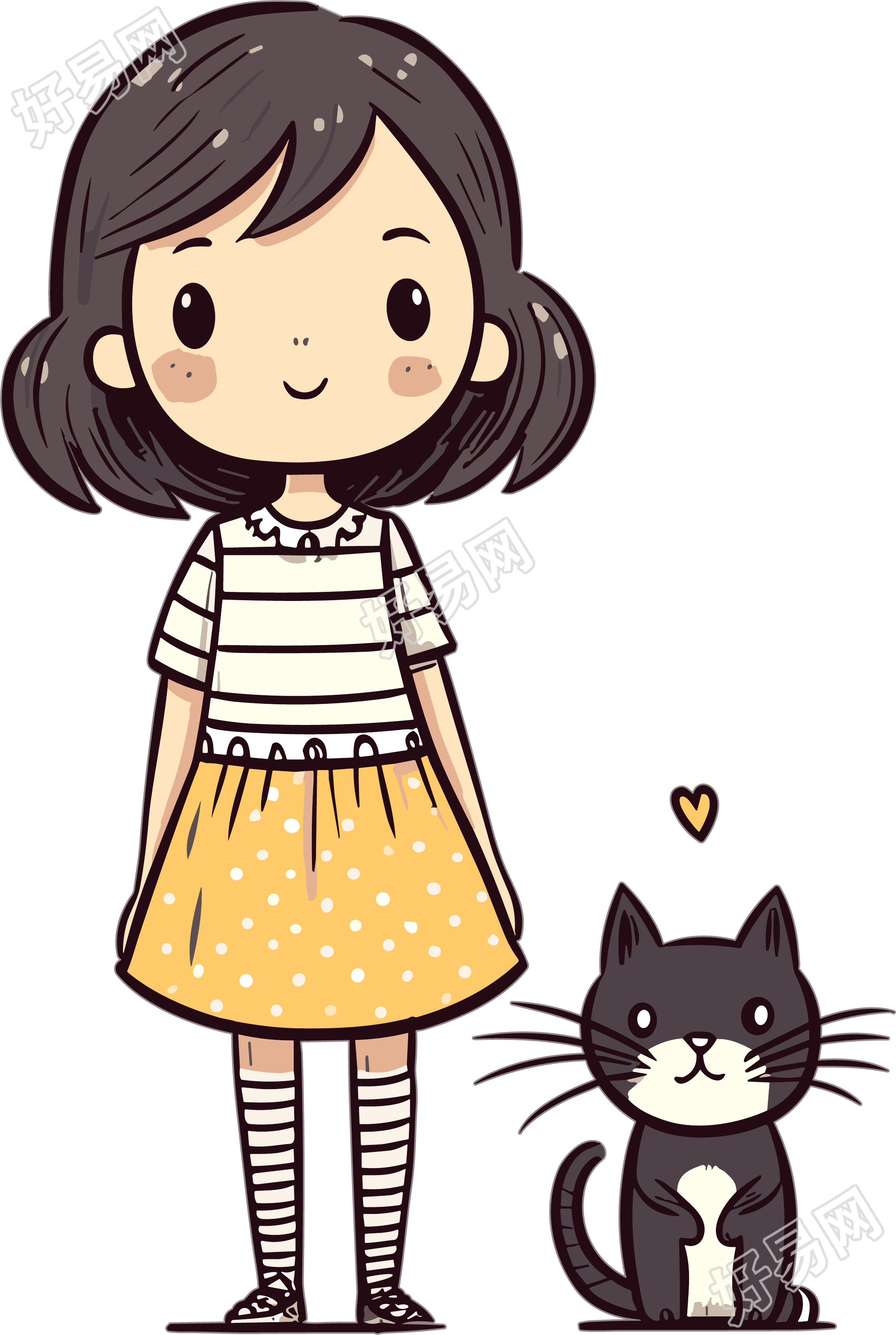 可爱女孩条纹上衣和猫咪插画