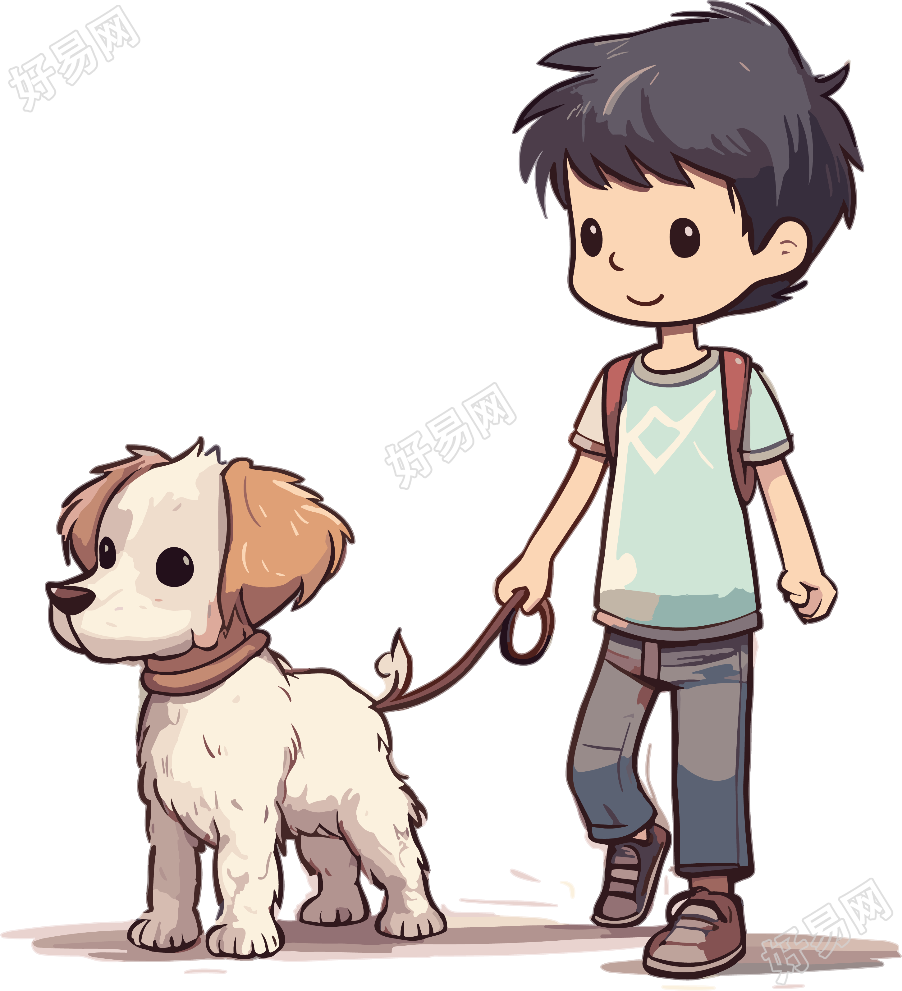 可爱男孩带领着狗狗散步插画