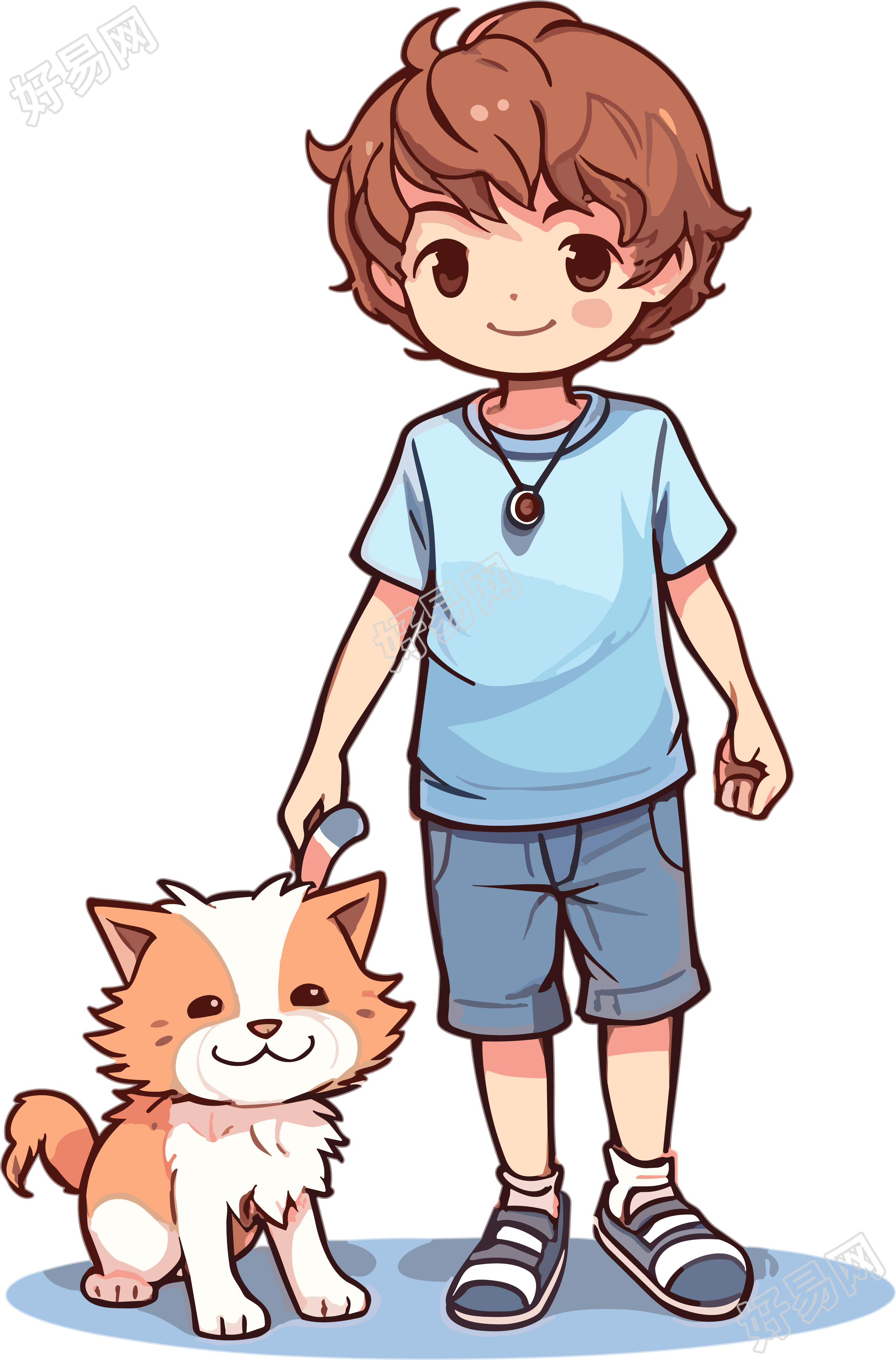 可爱卡通男孩和猫咪创意插画设计