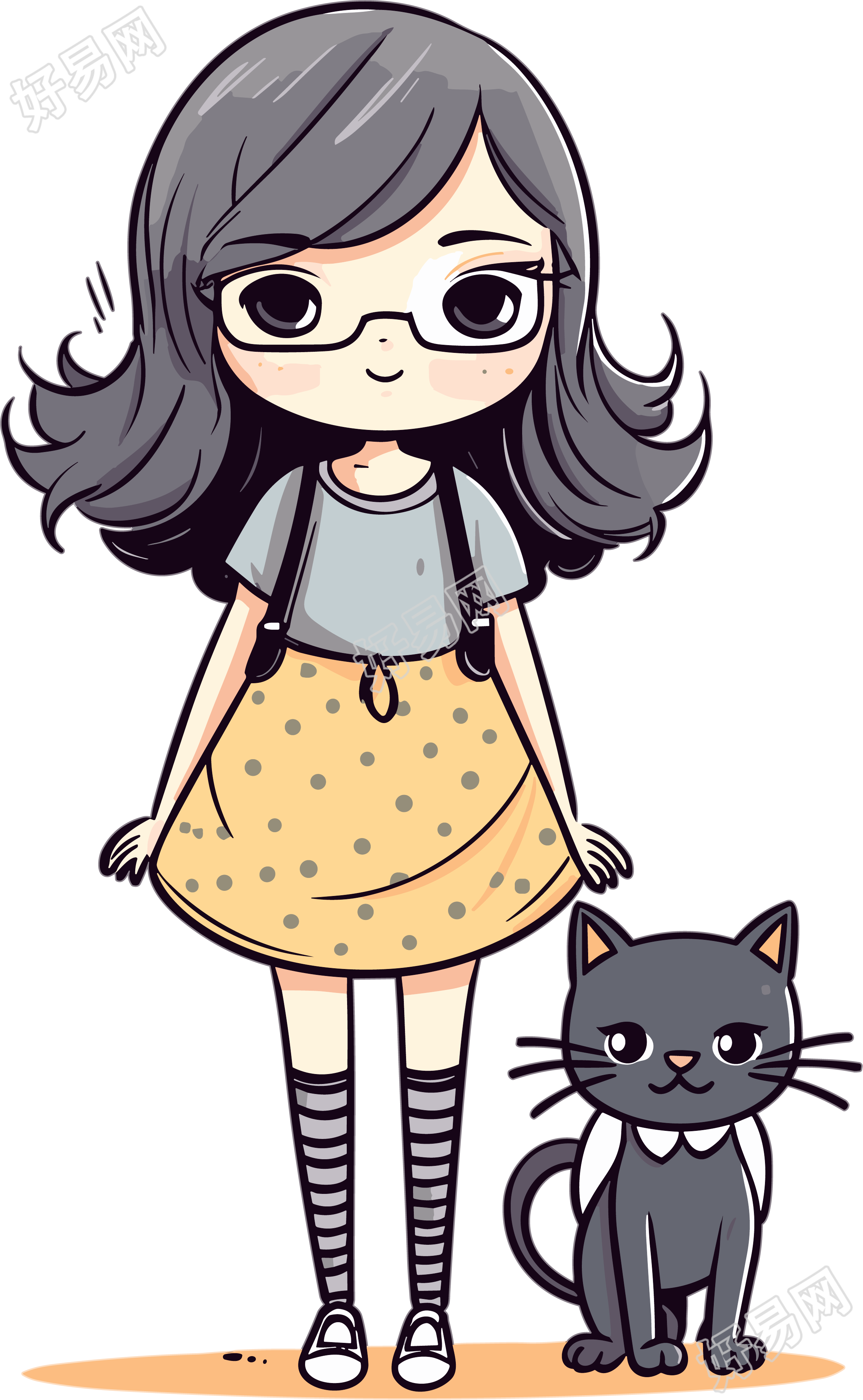 小黑猫和穿着连衣裙的女孩插画