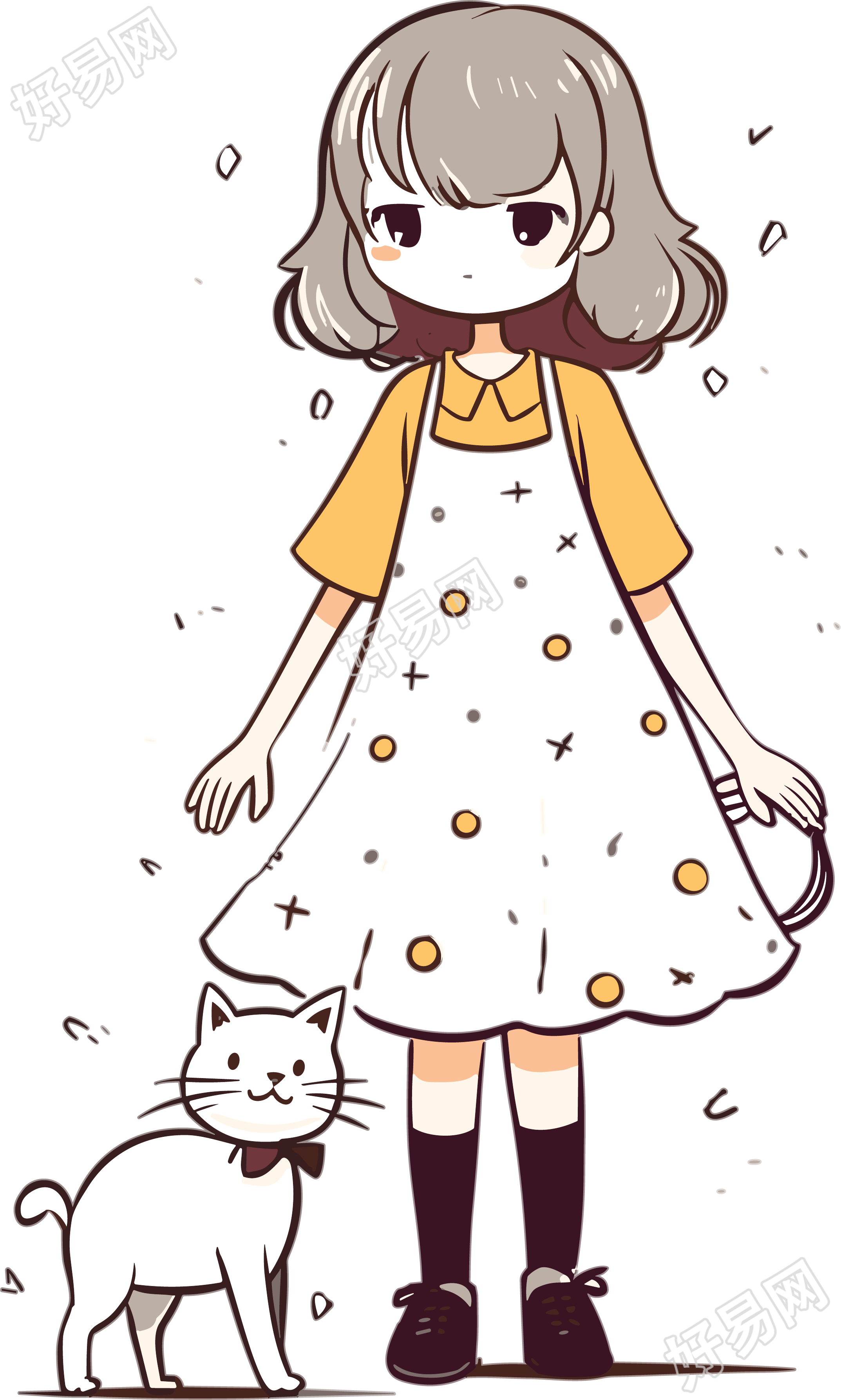 漂亮的女孩子和猫咪插画设计素材