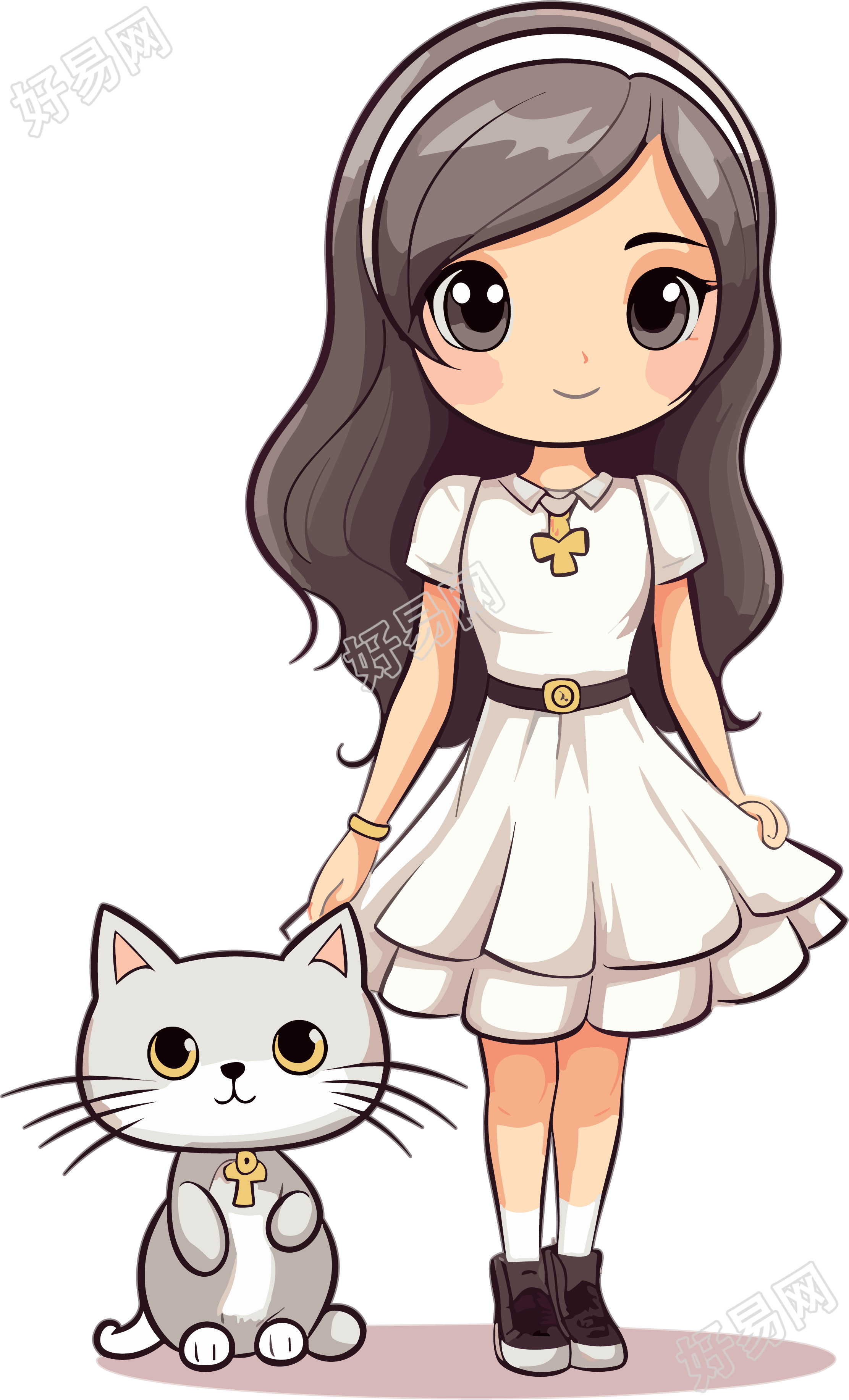 穿着白色裙子卡通女孩和灰色小猫插画