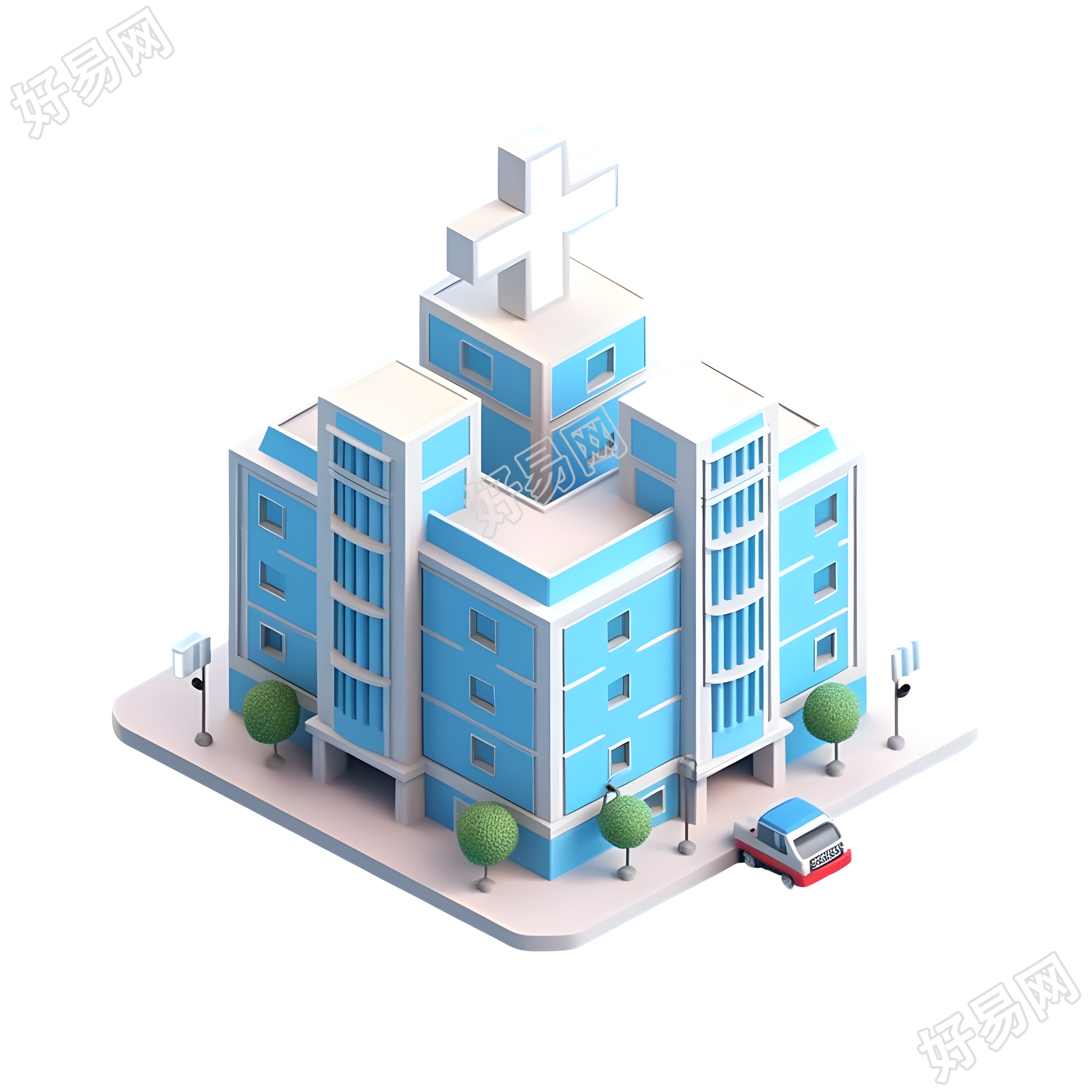 3D艺术图标蓝白色医院素材