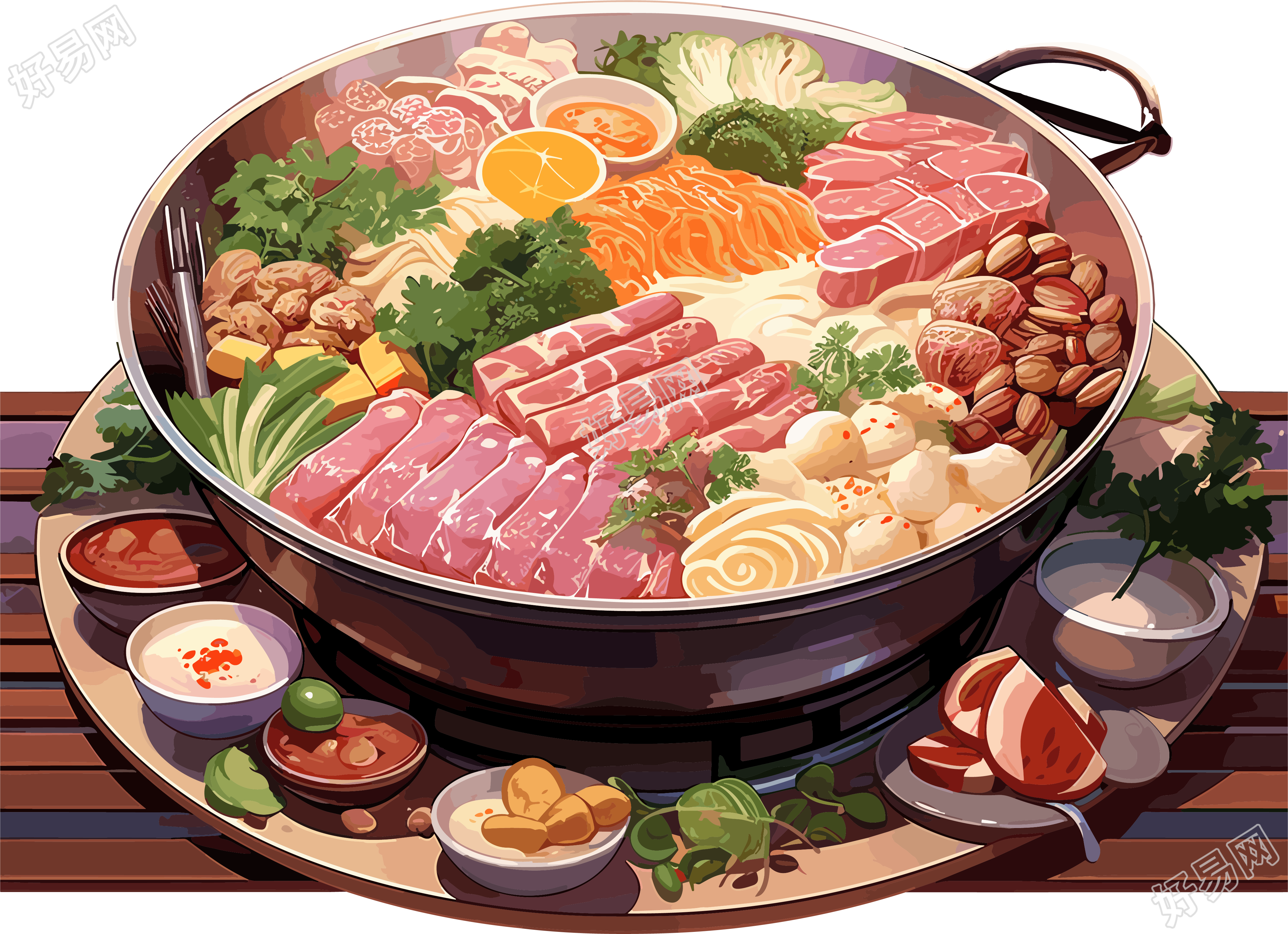 摆满牛肉的火锅创意插画元素