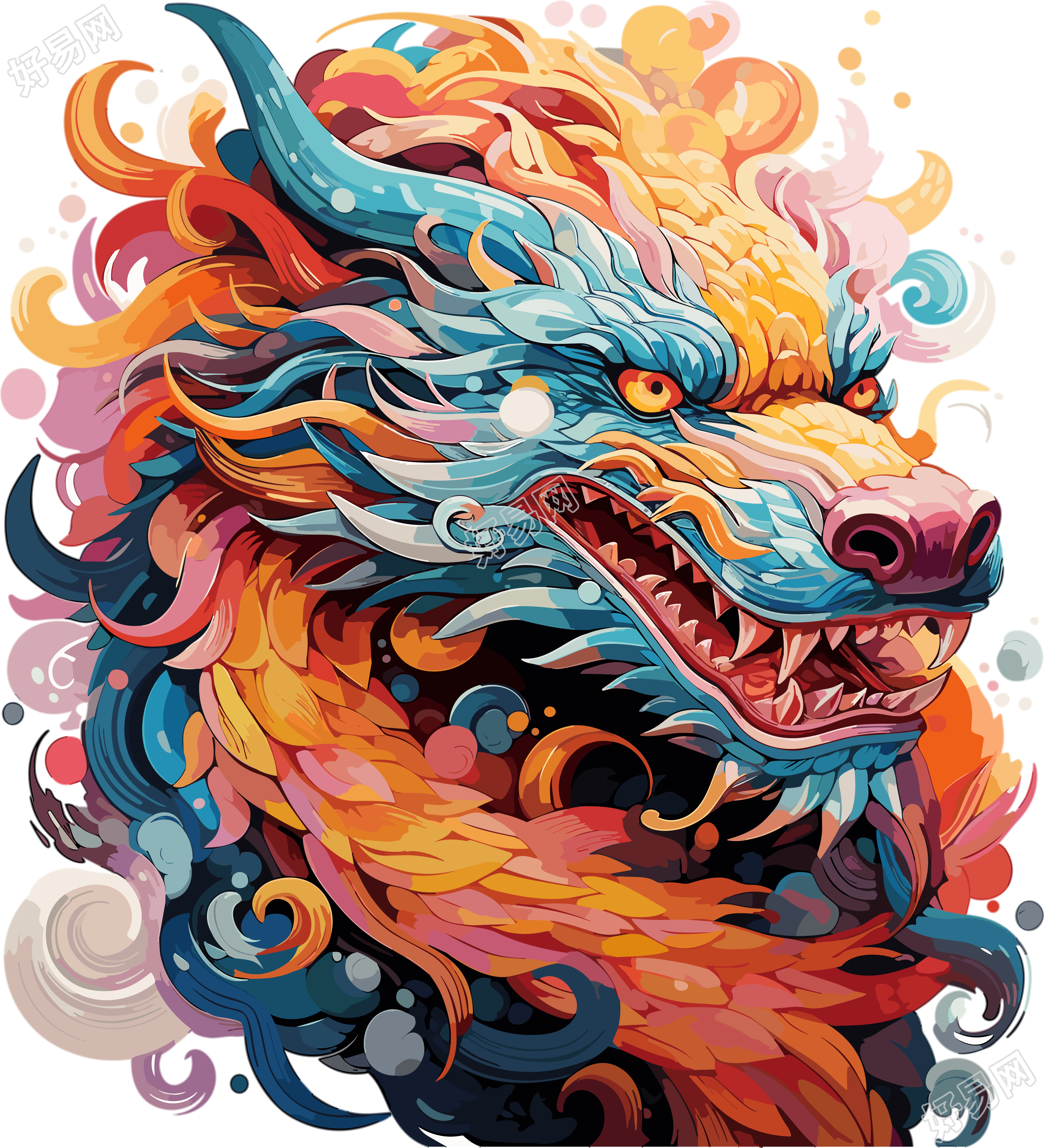 多层次维度的多彩中国风龙艺术插图