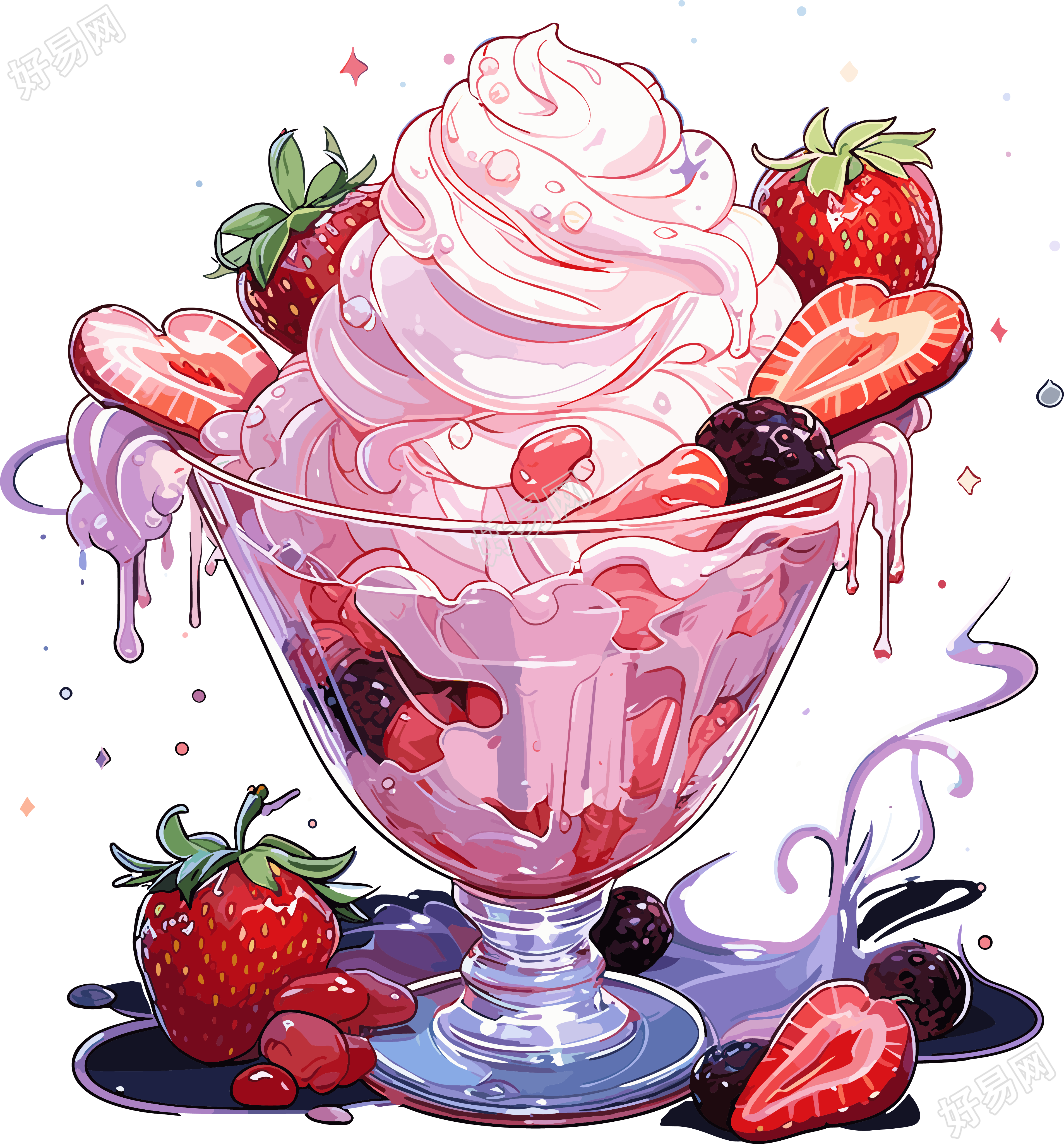 透明背景草莓奶昔冰激凌插画设计