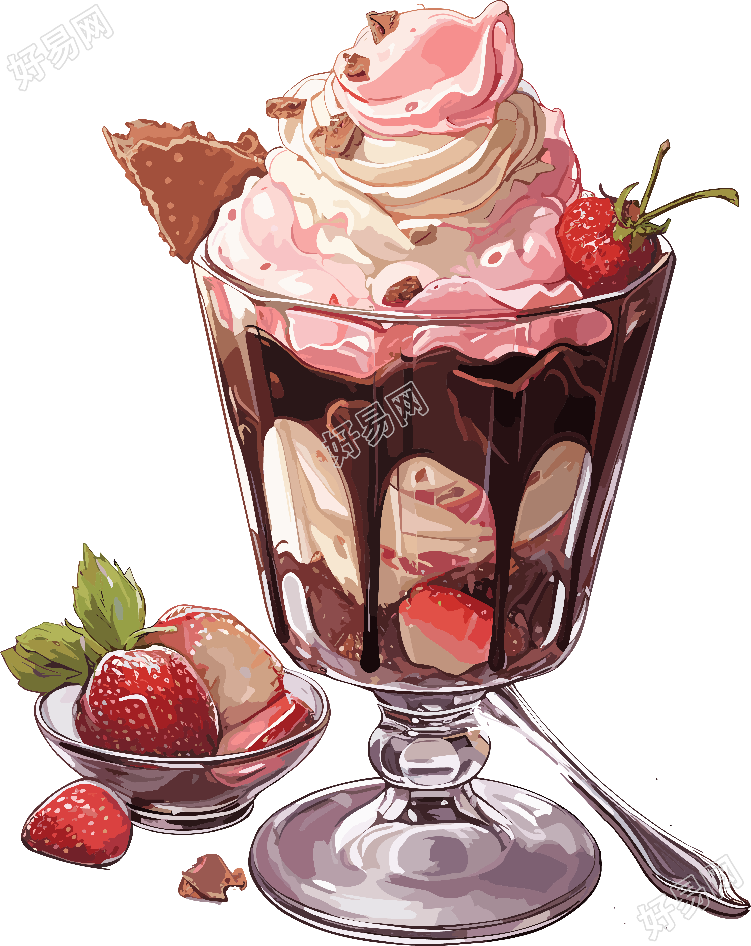 手绘巧克力草莓冰淇淋设计元素