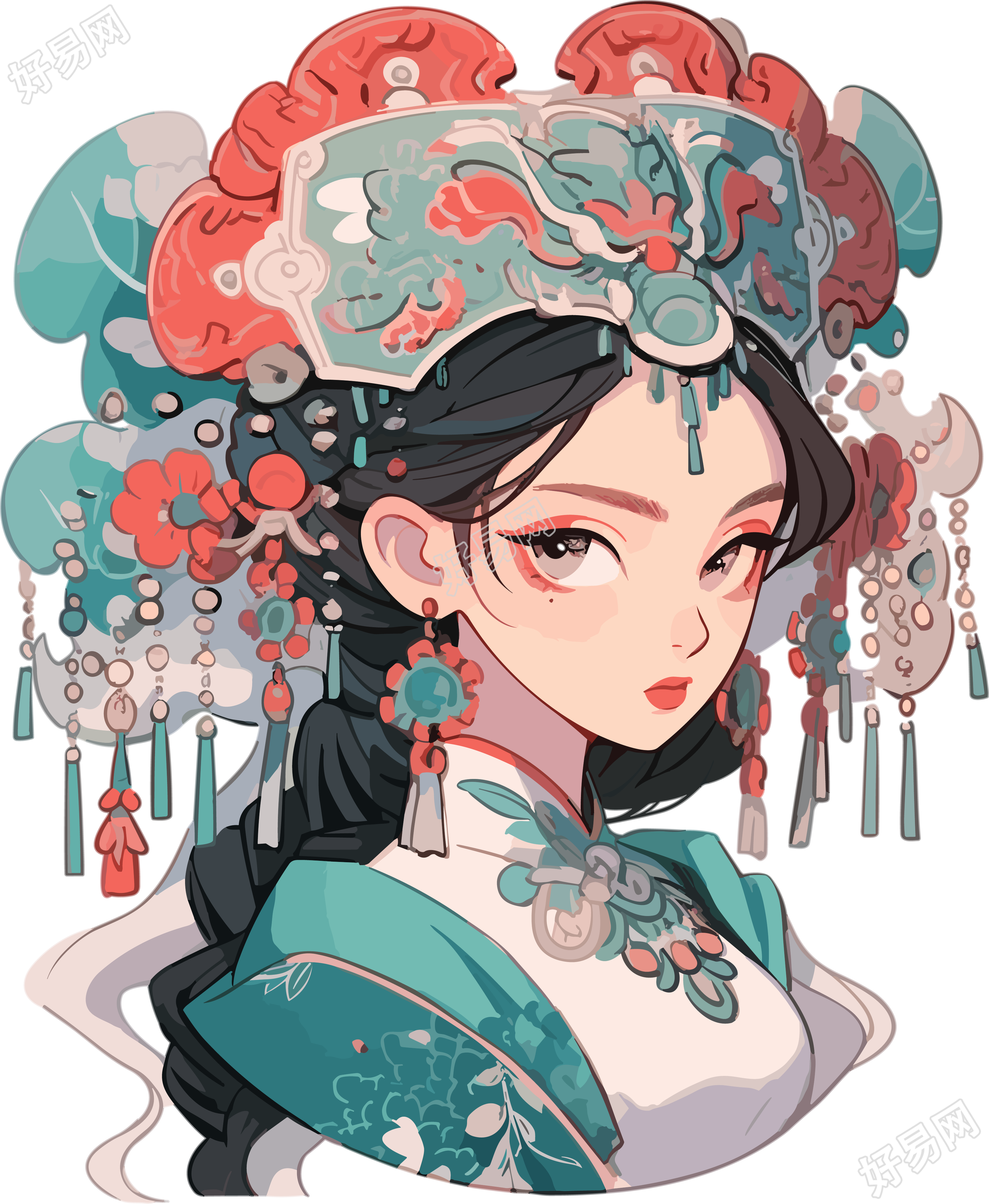 红蓝色华丽头饰装饰的中国女孩PNG插画素材